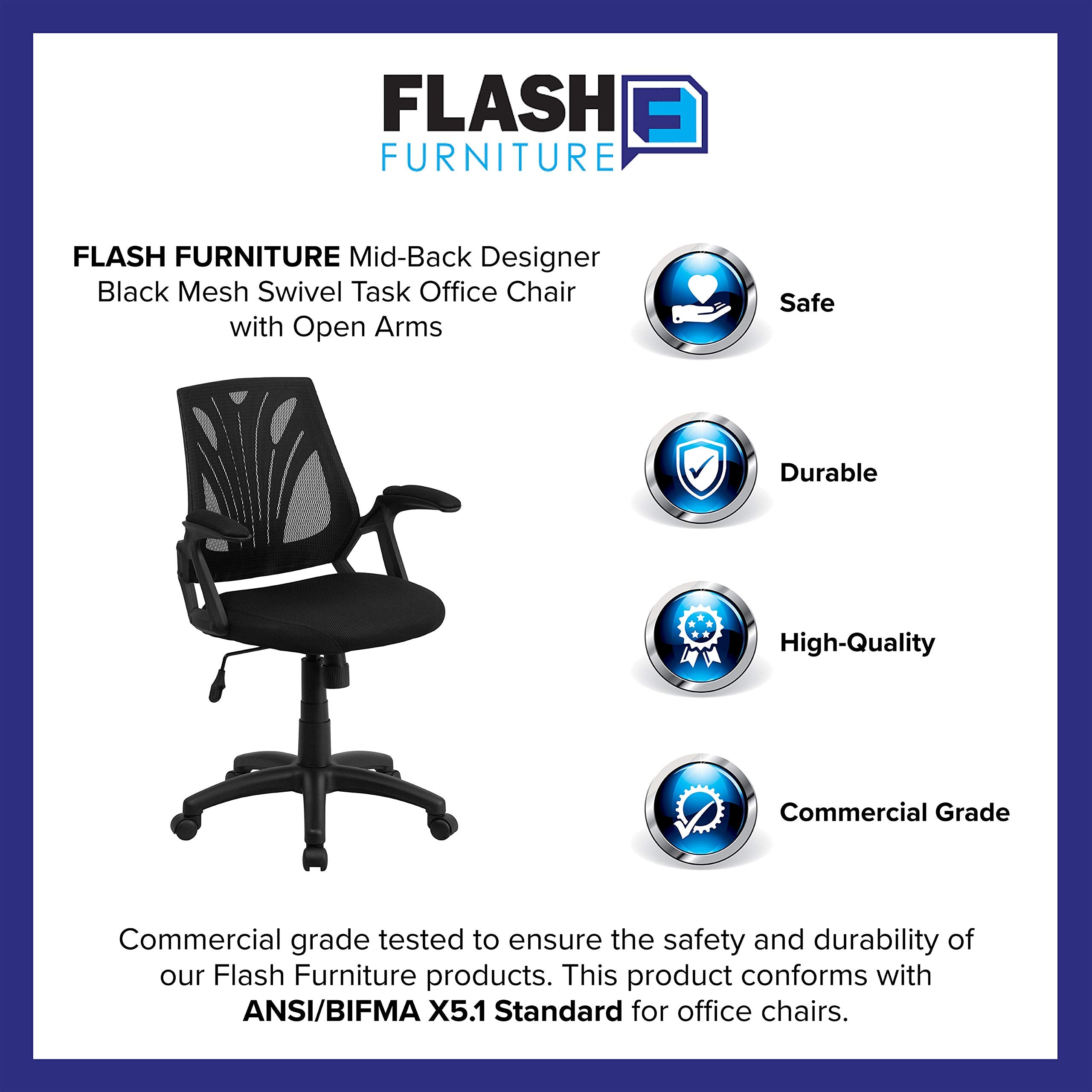 Flash Furniture Sam Mid-Back Designer Black Mesh Swivel Task Office Chair with Open Arms