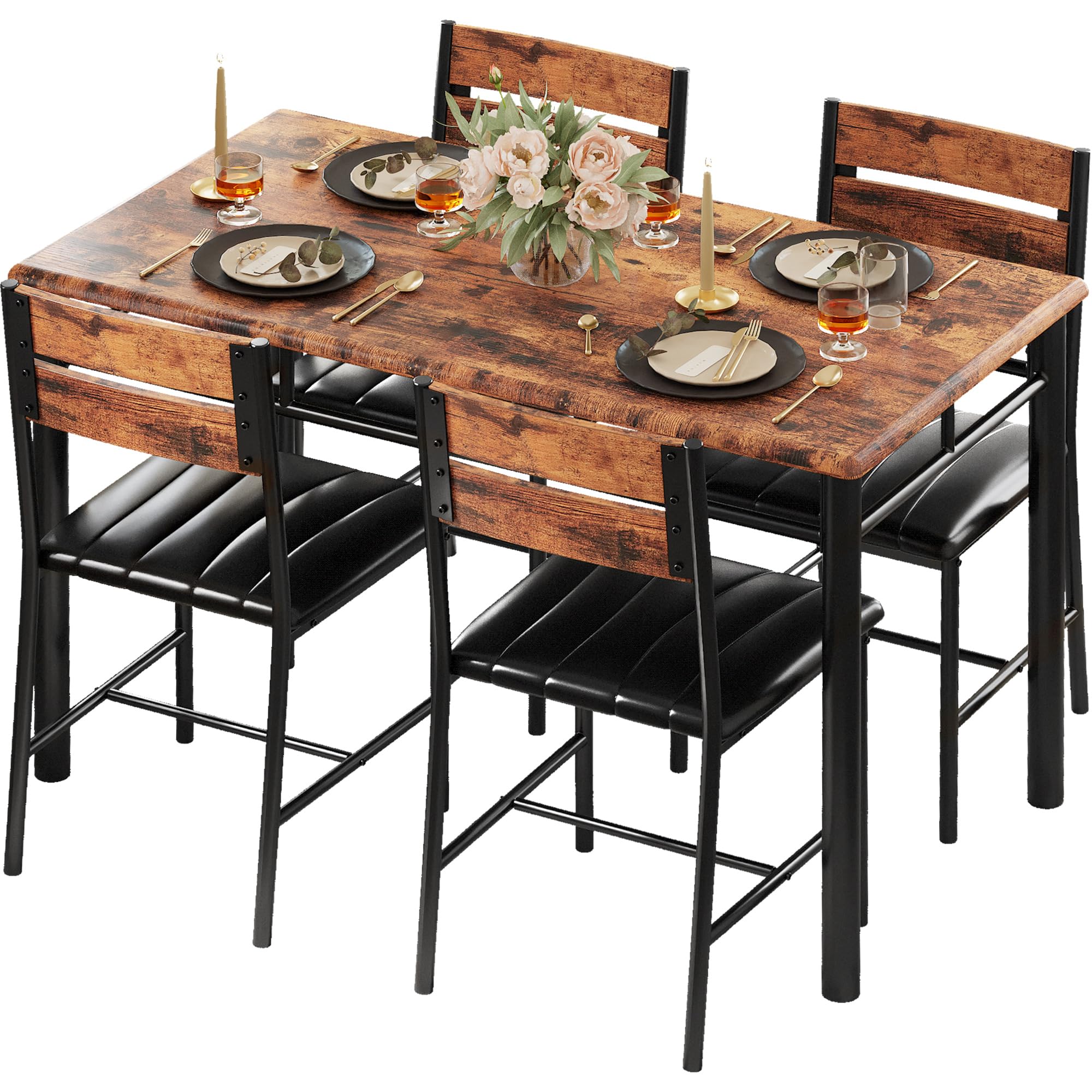 IRONCK Dining Table Set for 4, Wood Kitchen Table with Upholstered Chairs for Kitchen Room and Small Spaces (Rustic Brown)