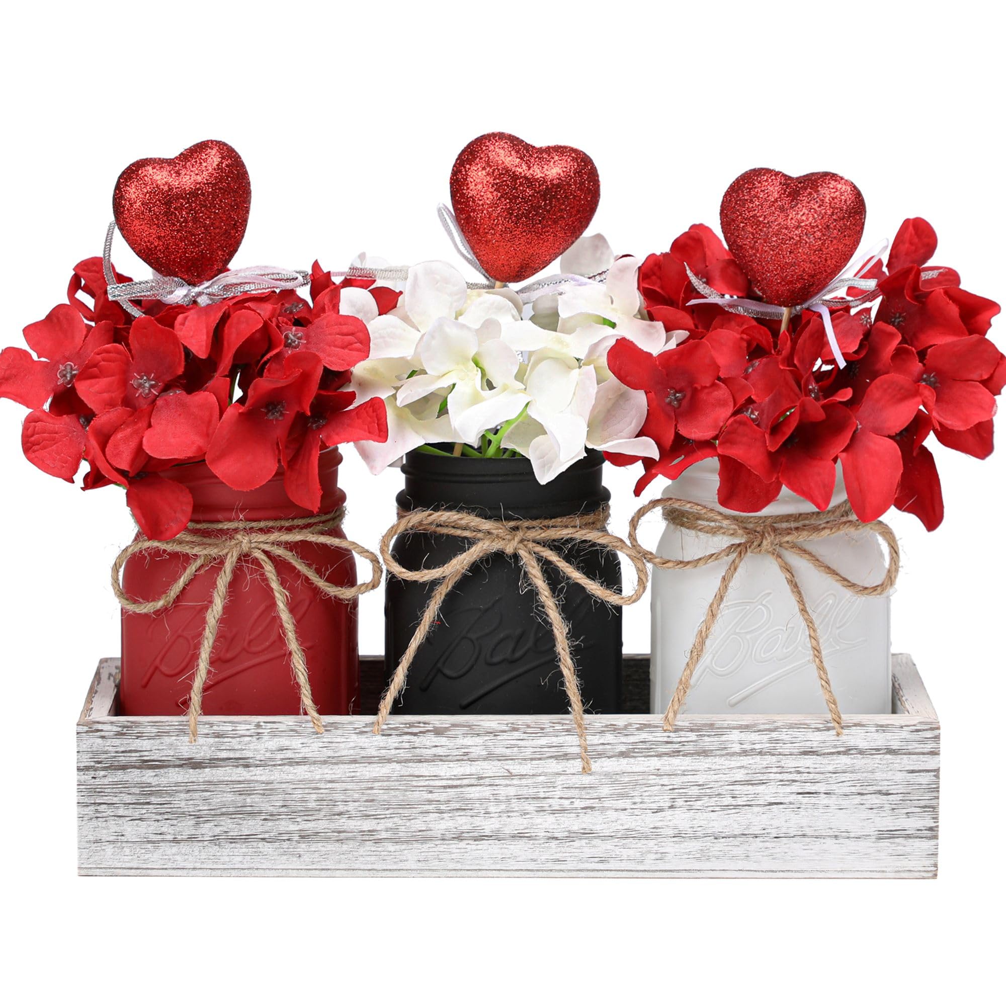 Valentines Day Decor, Valentines Mason Jar Centerpiece for Table with Wood Tray, Black Painted Decorative Mason Jars for Valenti