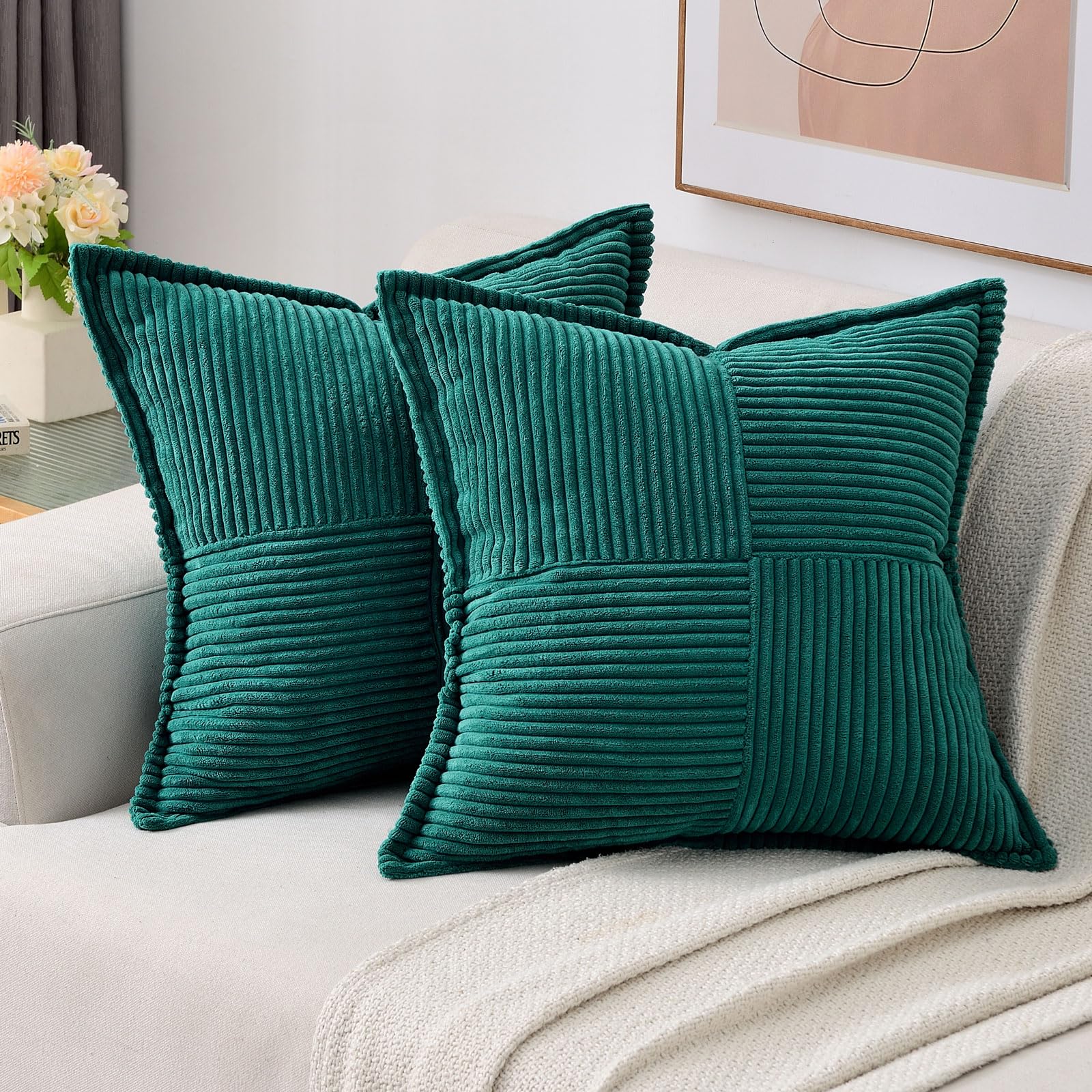 Haussy Teal Throw Pillow Covers 22X22 Inch Set Of 2, Soft Corduroy Solid Striped,Square Decorative Cushion Case,Winter Home Deco