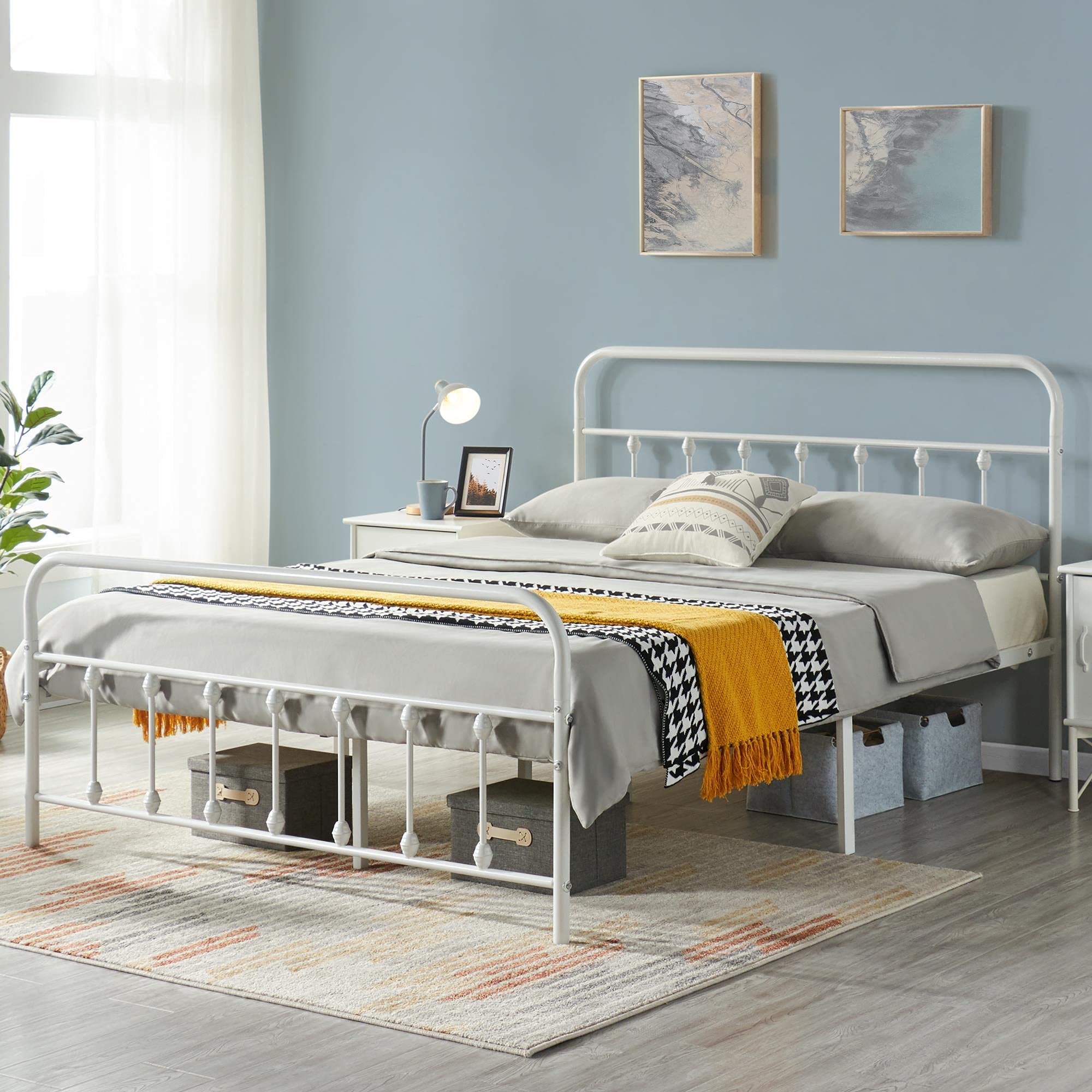 Topeakmart Full Size Victorian Style Metal Bed Frame with Headboard/Mattress Foundation/No Box Spring Needed/Under Bed Storage/S