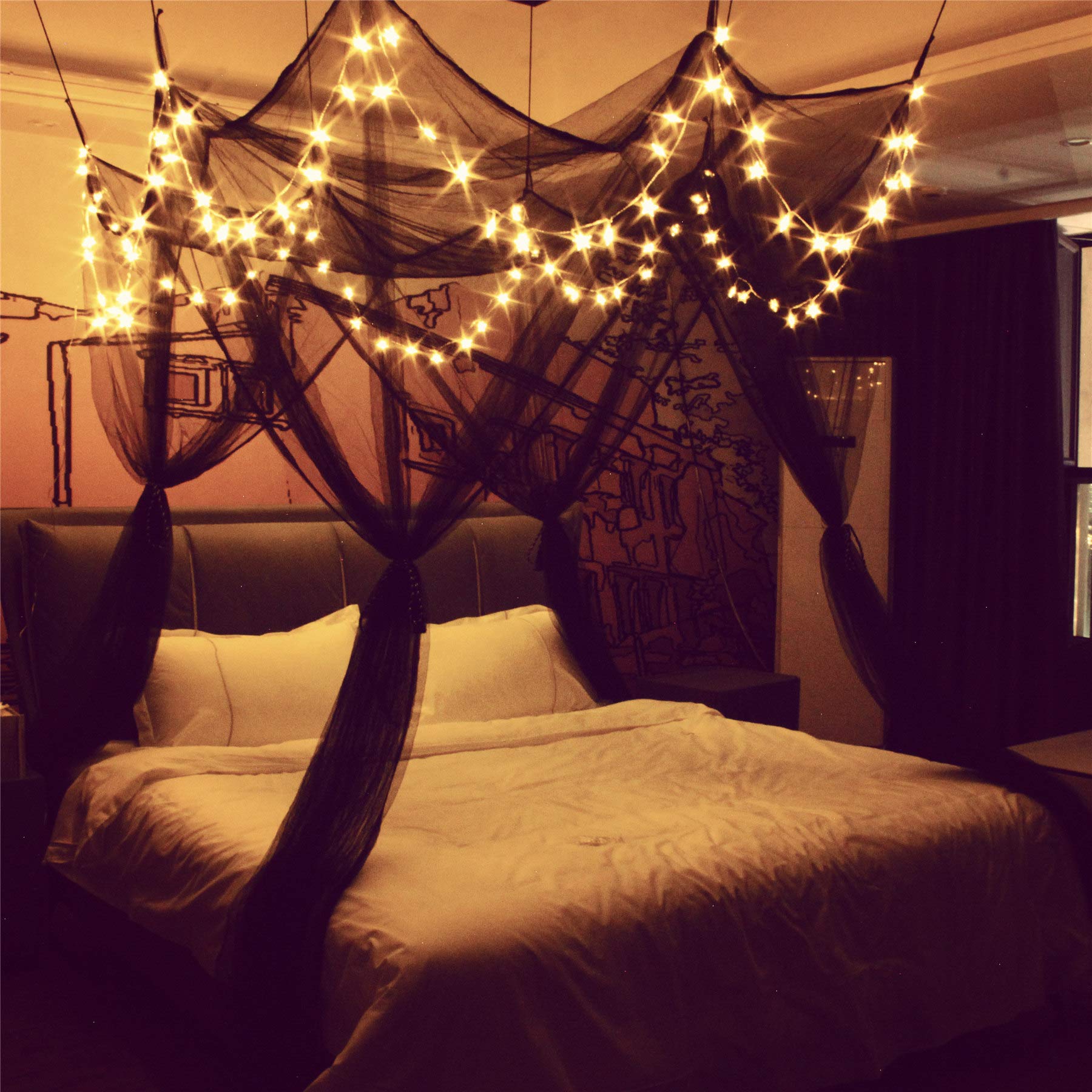 8 Corner Bed Canopy With 100 Led Star String Lights Battery Operated, Bed Netting Unique Style 4 Door Square Canopy Bed Curtains