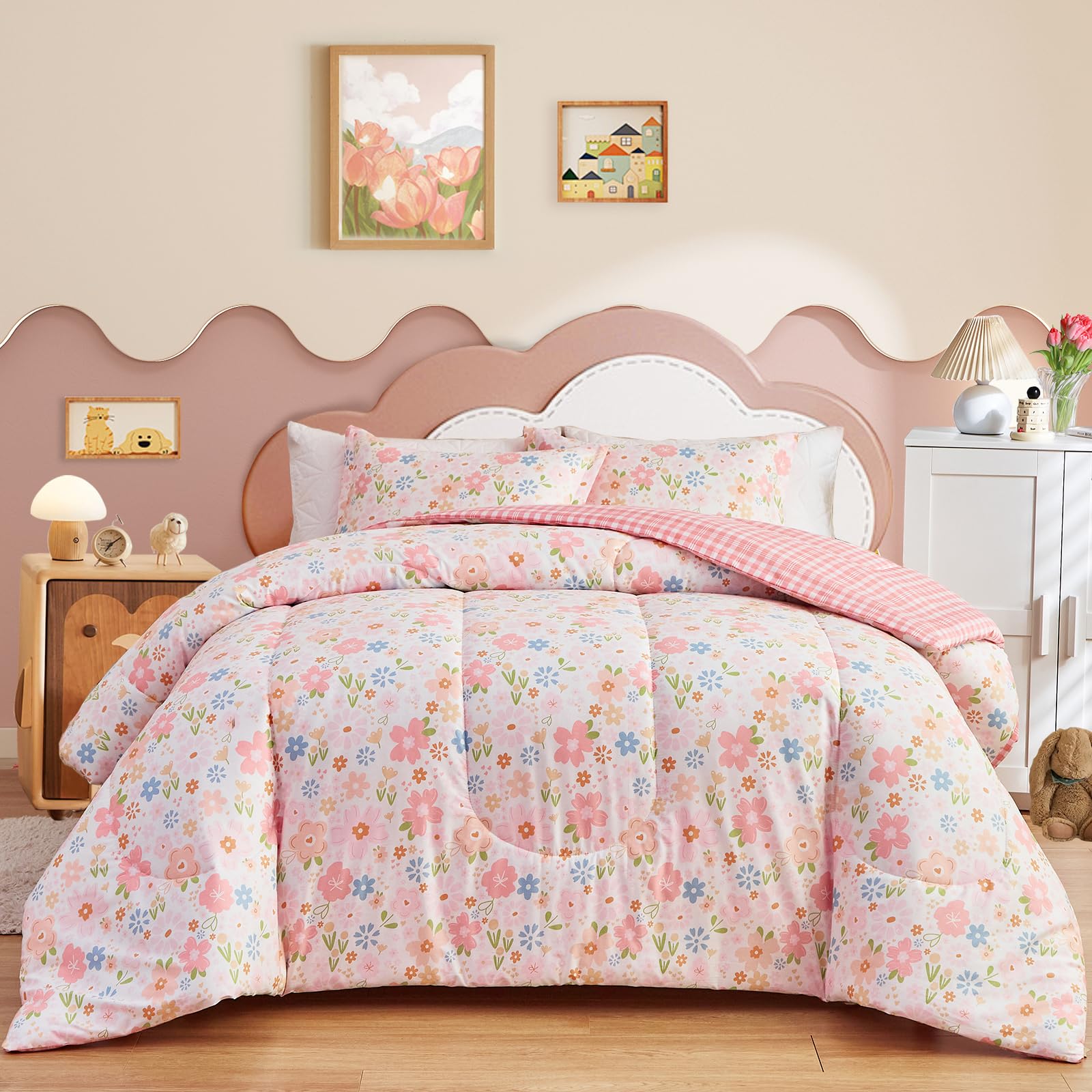 Joyreap 3Pcs Floral Cotton Comforter Set For Girls, Pink Flowers Design, Queen Size Soft N Cozy Bedding Comforter Set For All Se