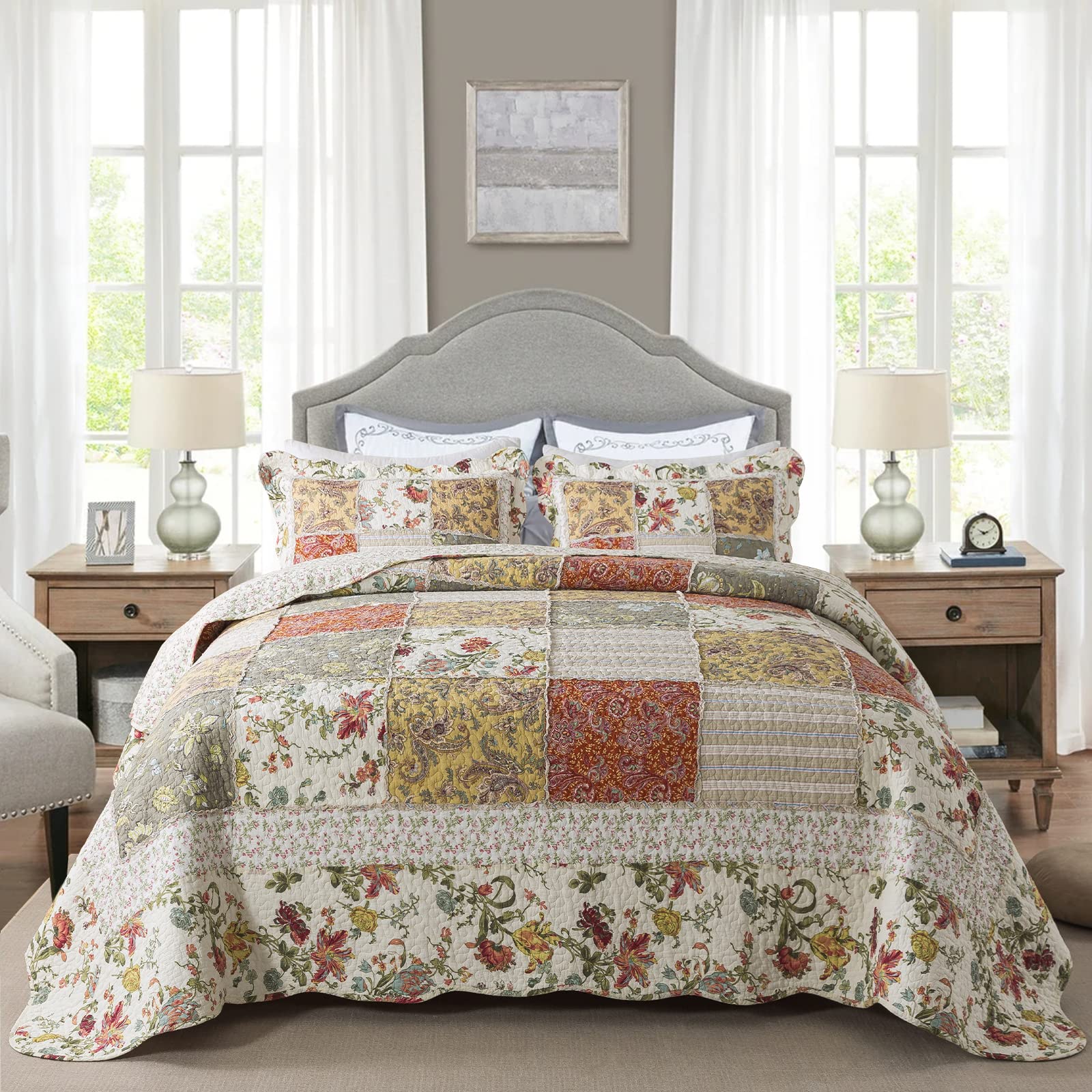 Newlake Quilt Bedspread Sets - Bohemian Farmhouse Pattern Reversible Coverlet Set, Queen Size
