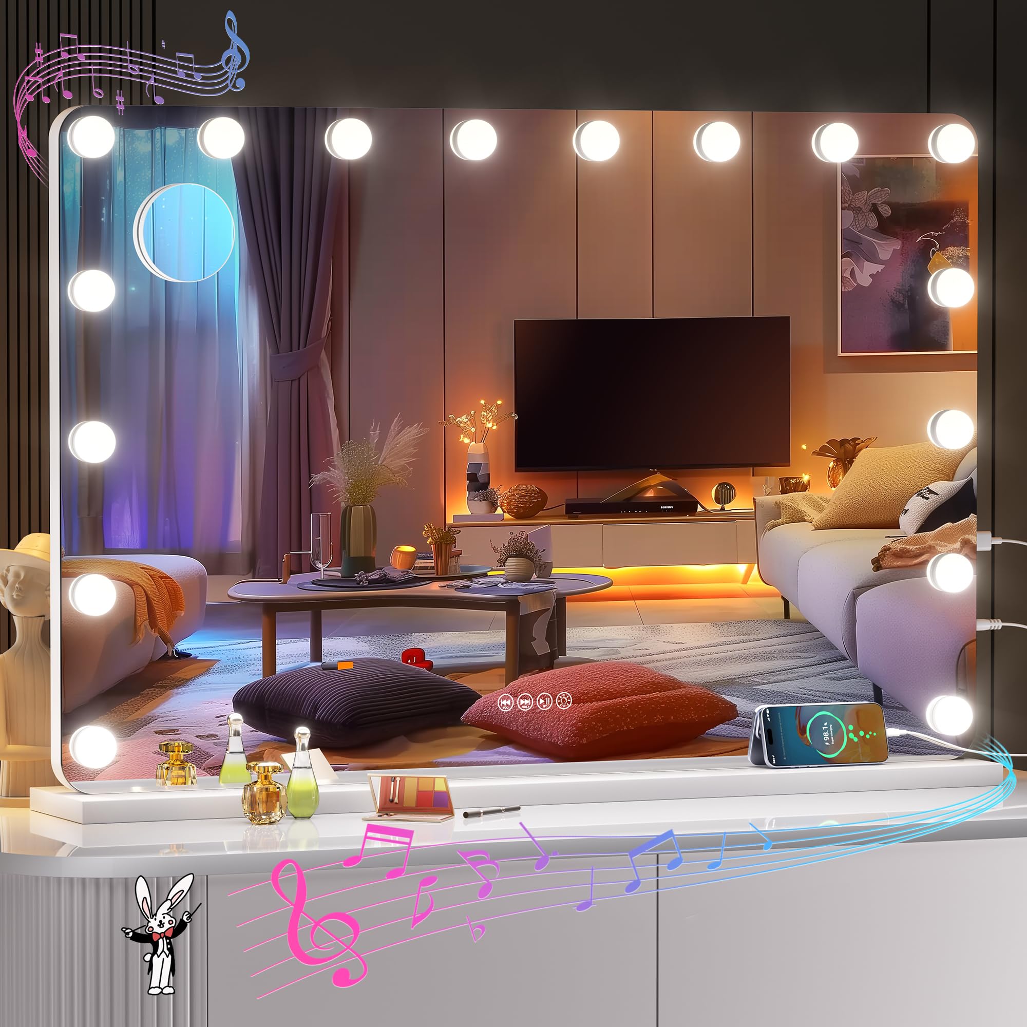 36  X24   Vanity Mirror With Bluetooth Speaker, Hollywood Lighted Makeup Mirror with 16 Dimmable LED Bulbs, 3 Color Lighting