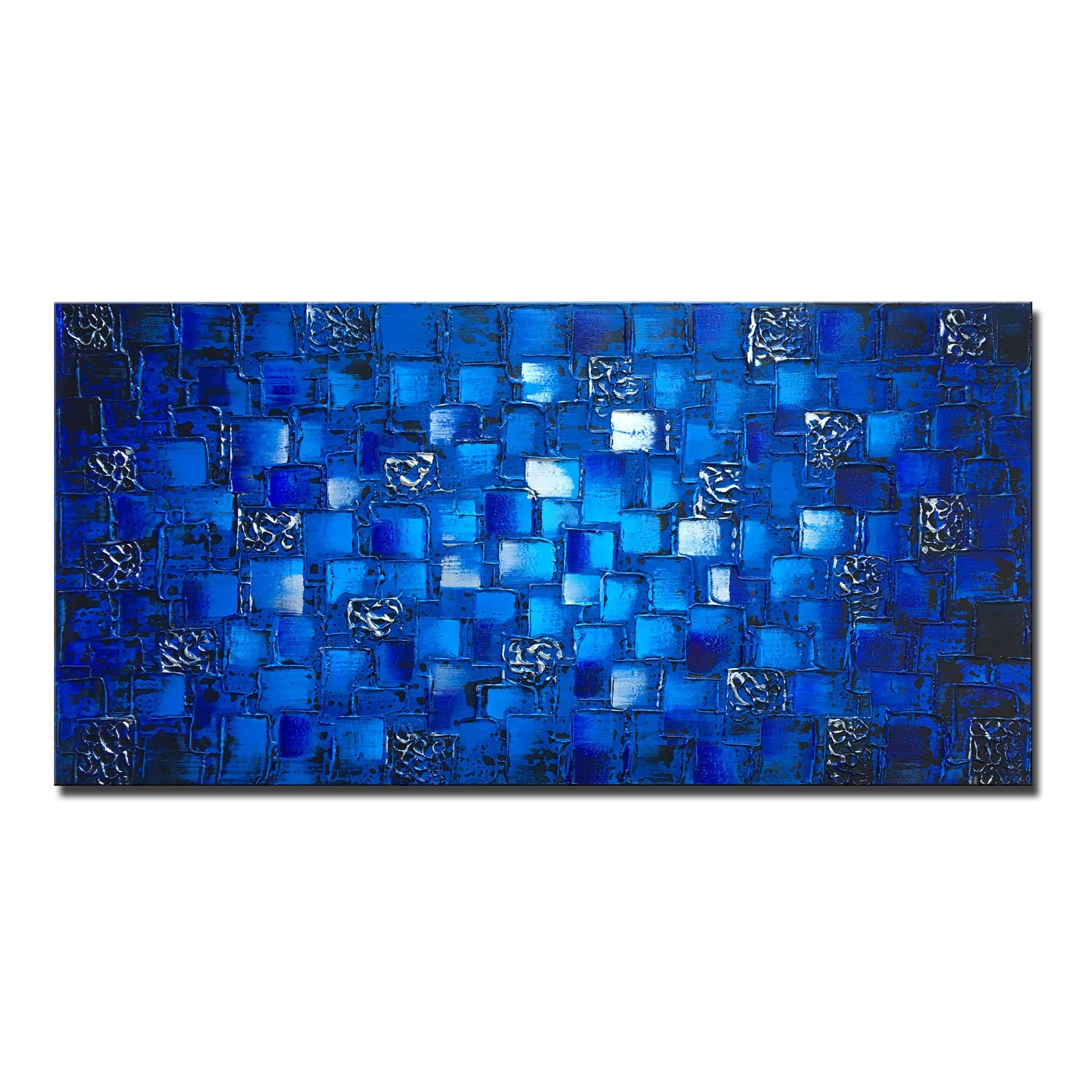 MyArton Thick Textured Abstract Squares Canvas Wall Art Hand Painted Artwork Modern Dark Blue add Silver Oil Painting for Home D