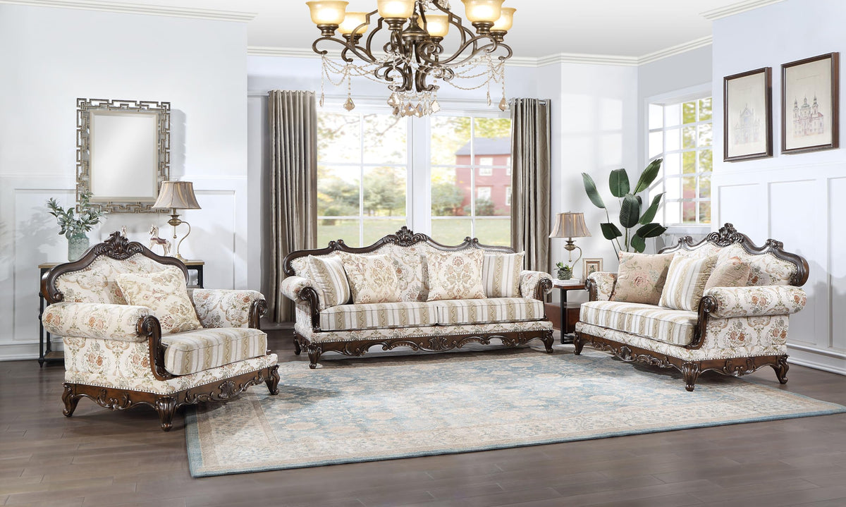 Acme Nayla Fabric Upholstered Rolled Arms Loveseat with 3 Pillows in Walnut