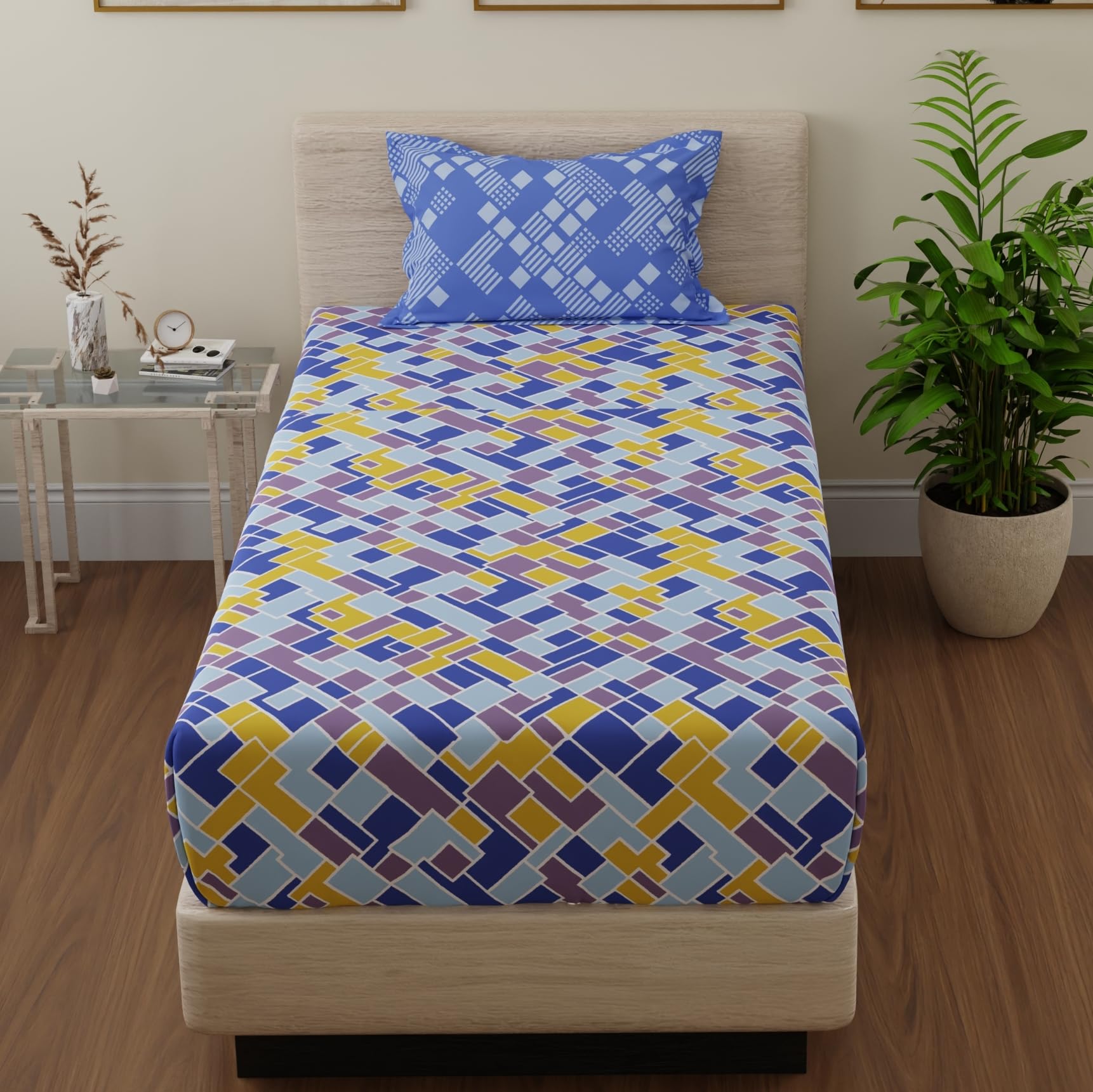Huesland By Ahmedabad Cotton 144 Tc Bedsheet For Single Bed With 1 Pillow Cover | Blue, Yellow & Purple