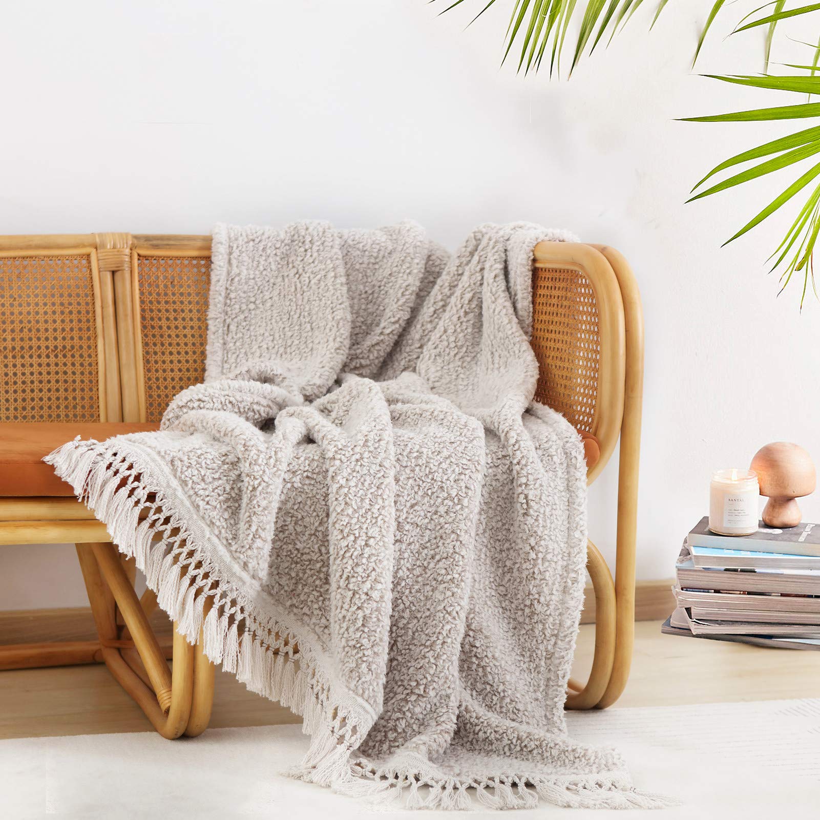 Ultra Soft Cozy Sherpa Throw Blanket with Tassel, Light Weight Warm Decorative 2 Tones Ombre Light Brown Pattern Reversible Boho