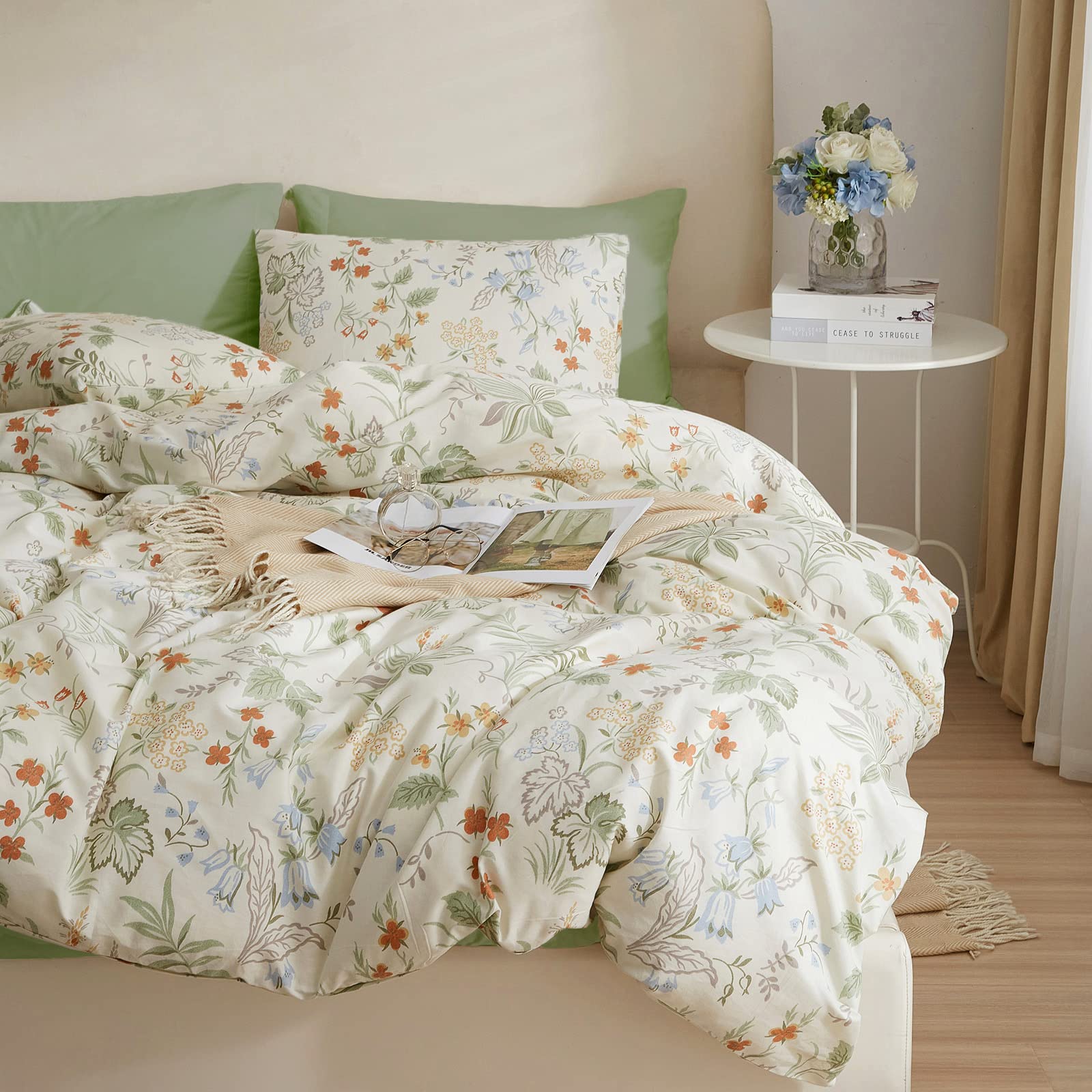 Mixinni Floral Duvet Covers Full Size Botanical Flower Leaf Printed On White Bedding Duvet Cover Set With Zipper Closure Ties Fo
