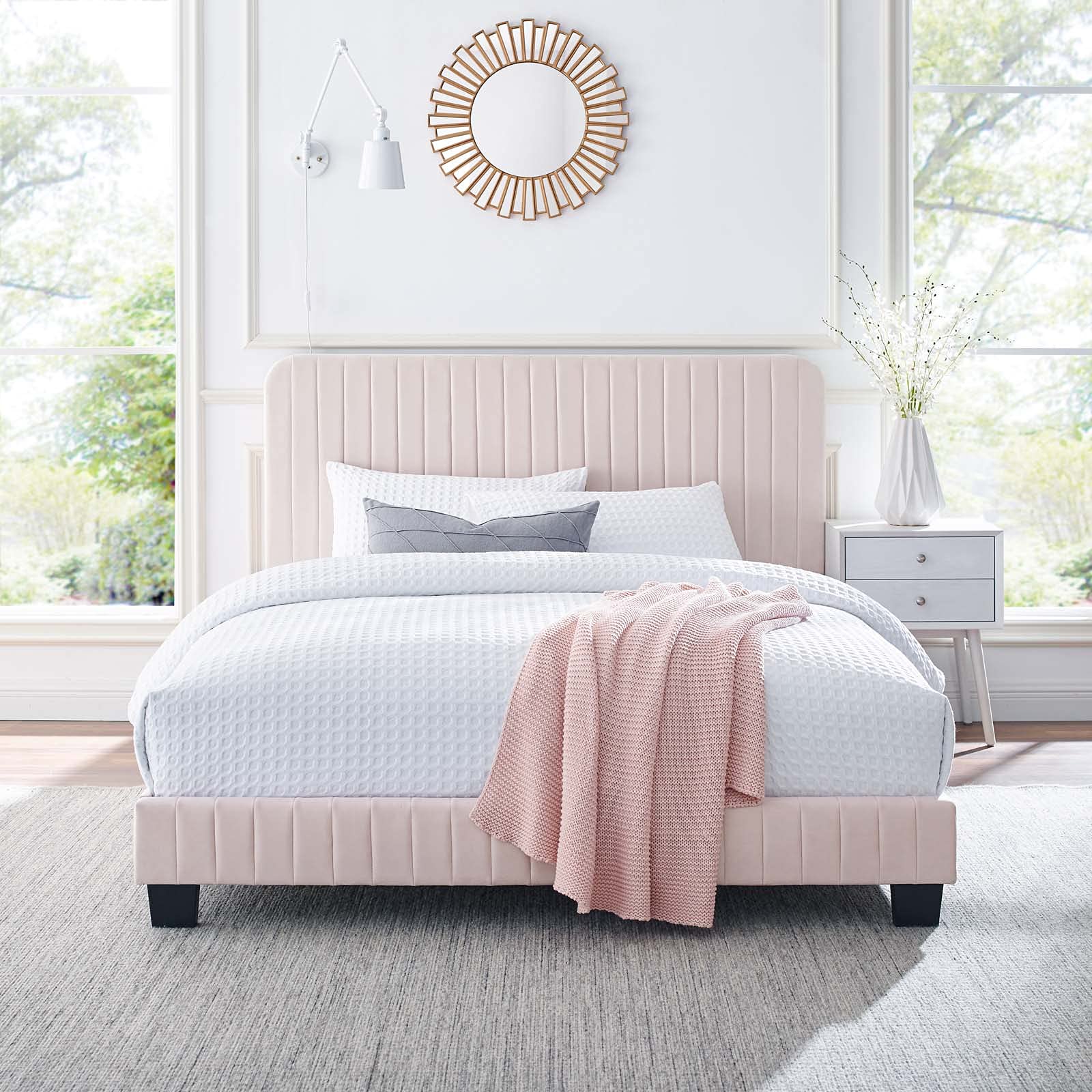 Modway Celine Channel Tufted Performance Velvet King Platform Bed in Pink