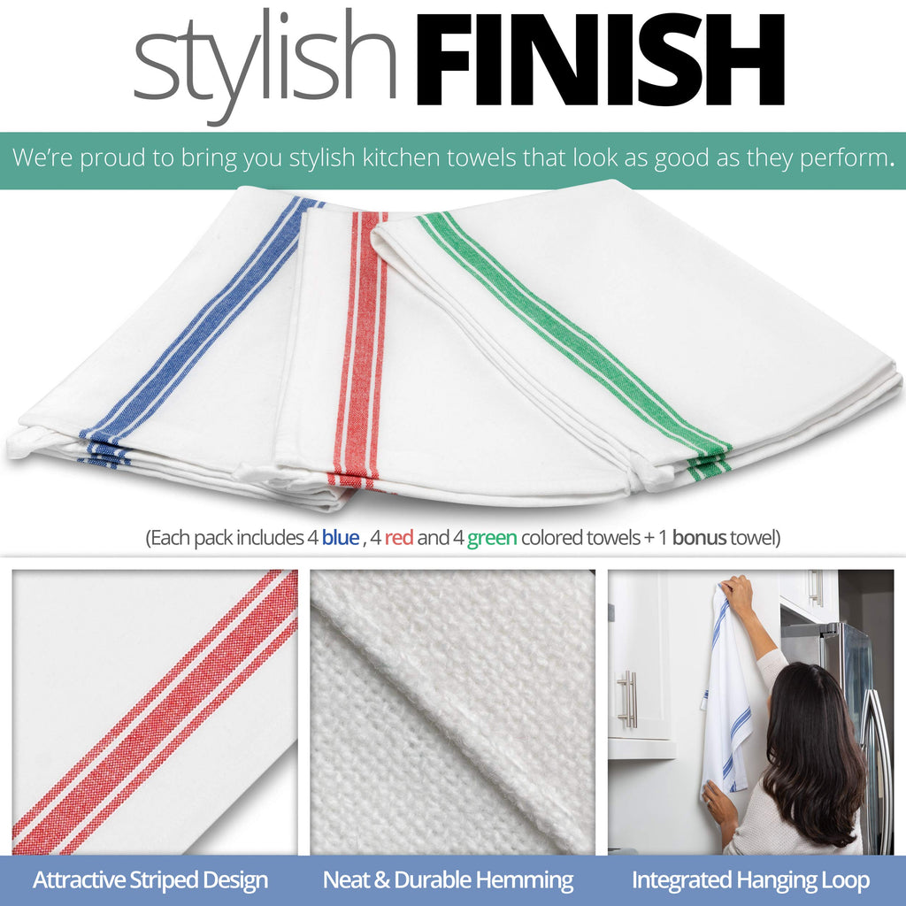Aunti Em's Kitchen 13-Pack Dish Towels Set - Super Absorbent 100% Cotton, Zero-Lint, Red, Green & Blue Stripes, 25.5 x 15