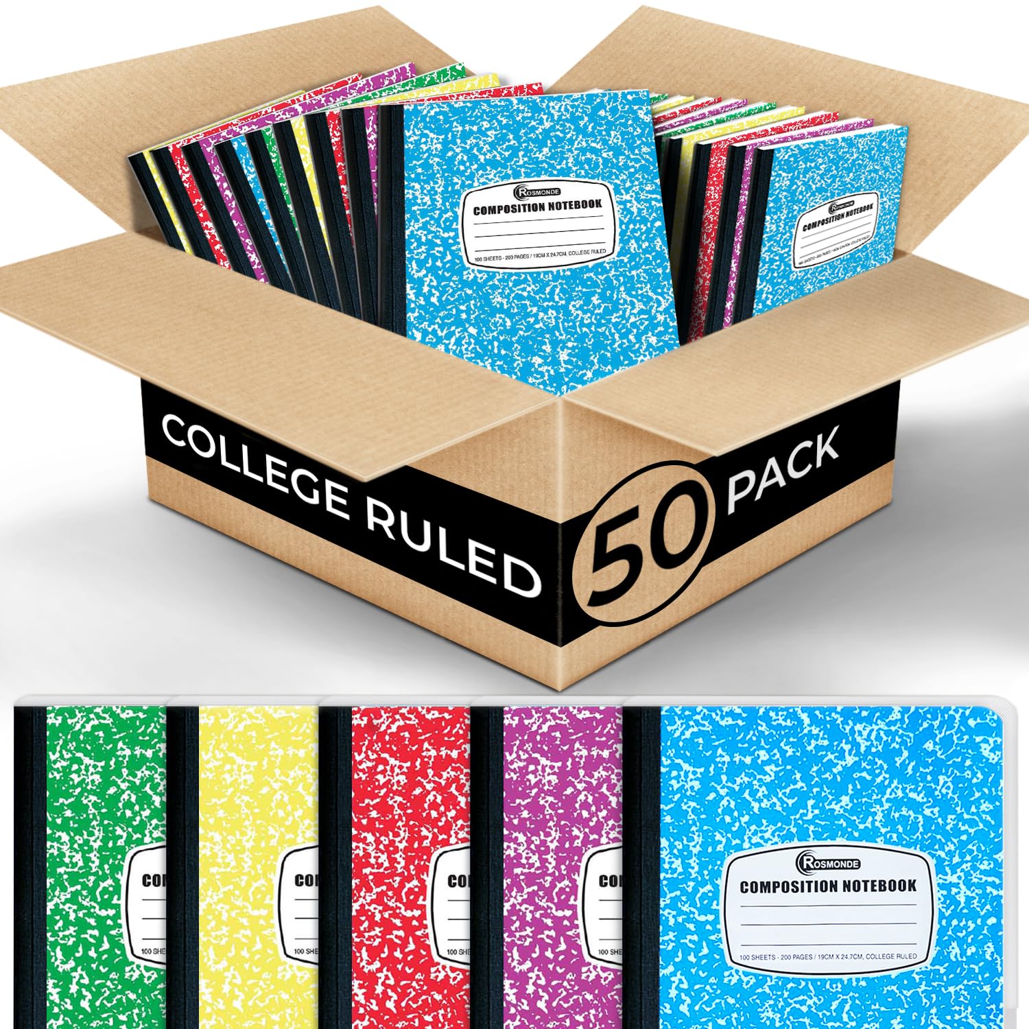 Rosmonde 50 Pack, Bulk Composition Notebooks, College Ruled Notebook, 200 Pages (100 Sheets), 9-3/4 X 7-1/2, Hard Cover Binding,