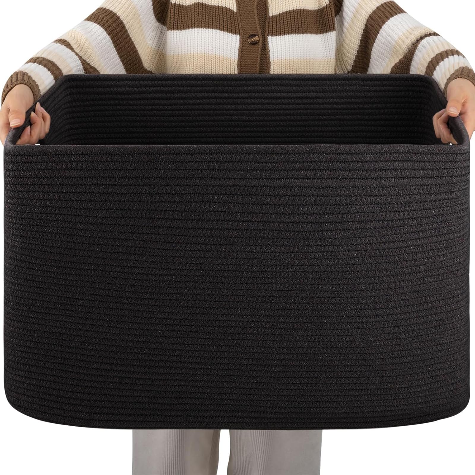 OIAHOMY XXLarge Rectangle Blanket Basket-96L, Cotton Woven Basket for Storage, Dirty Clothes Baskets for Living Room, Nursery, B