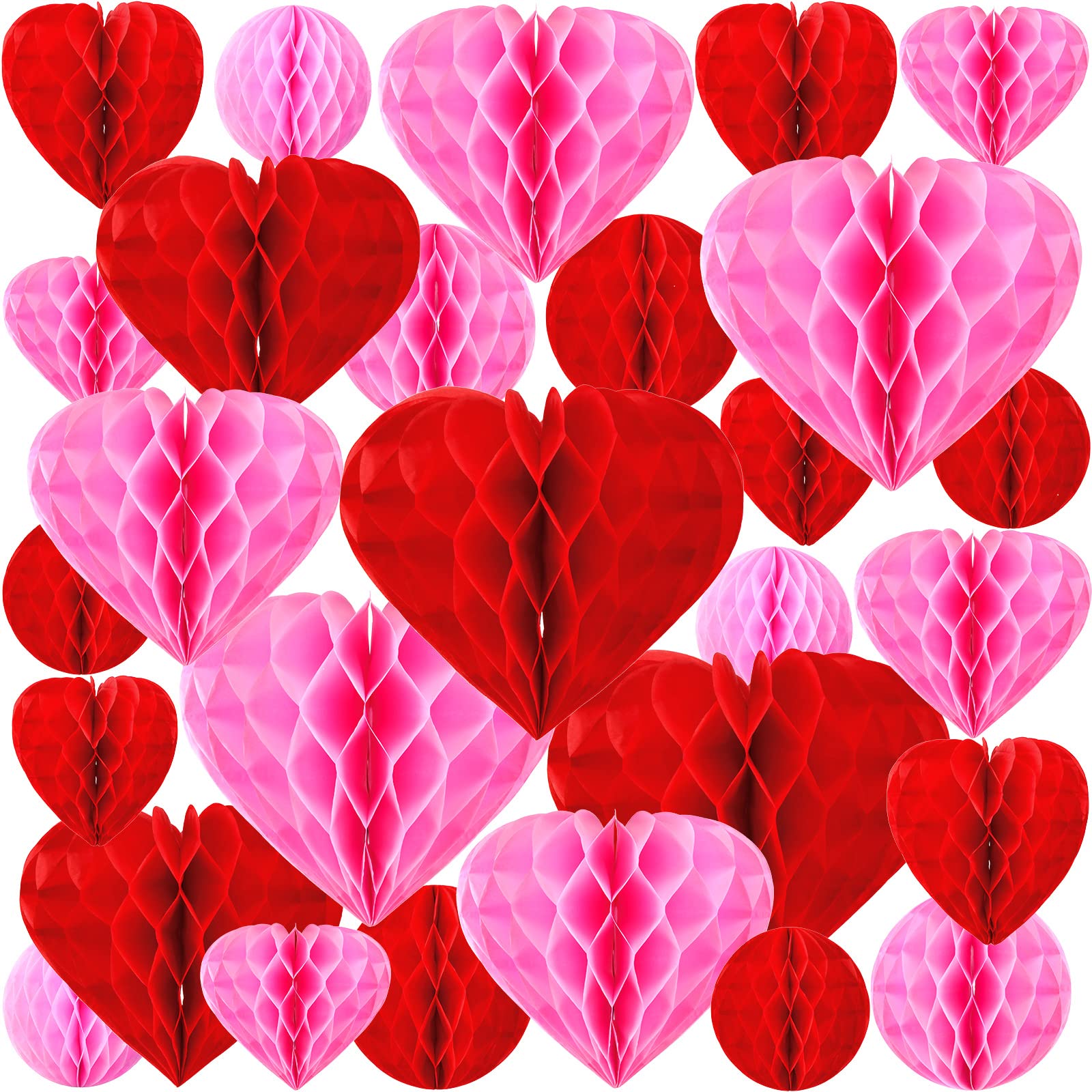 Yexiya 36 Pcs Valentine Heart Honeycomb Decorations Pom Poms Honeycomb Ball Paper Decorations Heart Tissue Paper for Valentine's