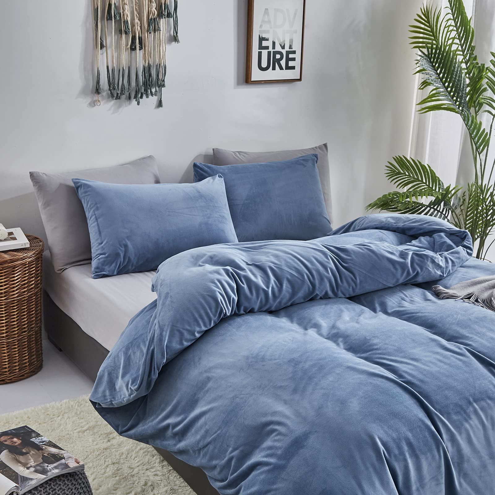 Clothknow Blue Velvet Comforter Set Full 3Pcs Lake Blue Fluffy Bedding Comforter Sets Dusty Blue Comforter Soft Comforter Grayish Blue Full Size Comforter Sets