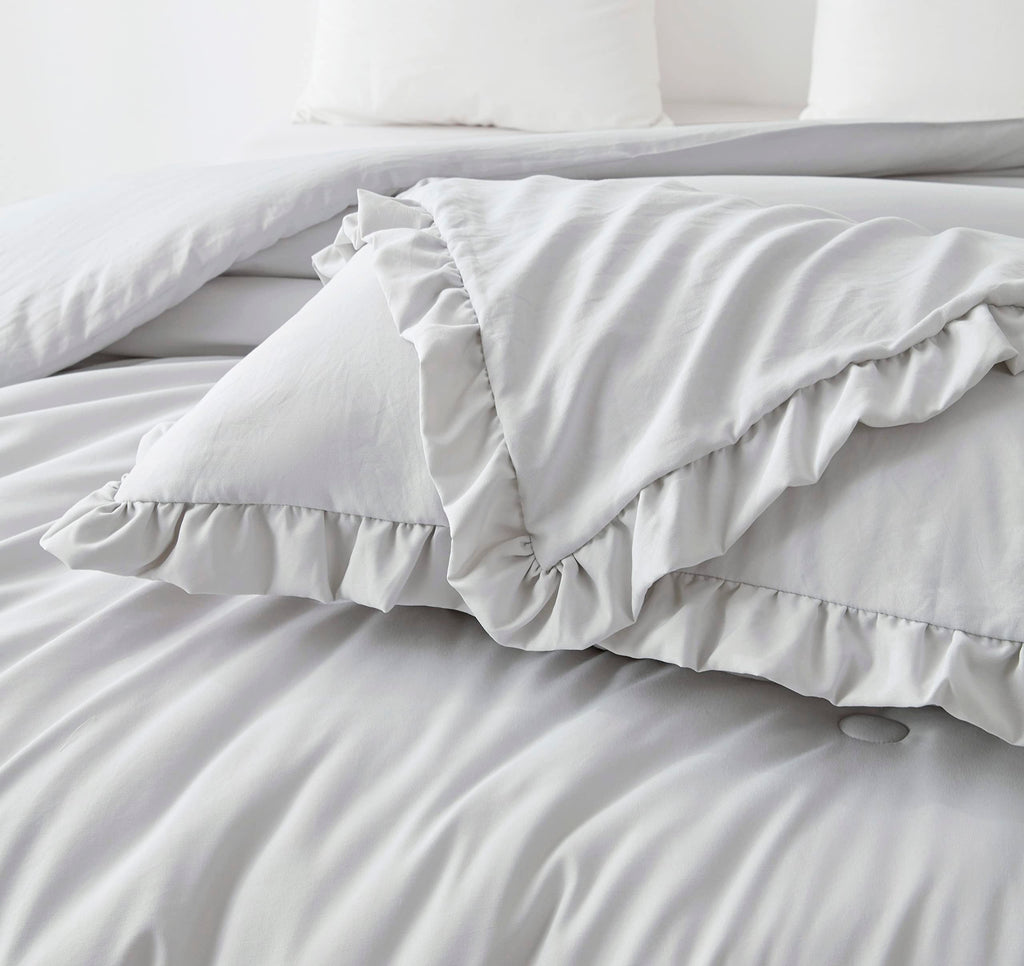 Chezmoi Collection Nora 3-Piece Ruffled Edge Trim Soft Washed Microfiber Comforter Set (Oversized Queen, Light Gray)