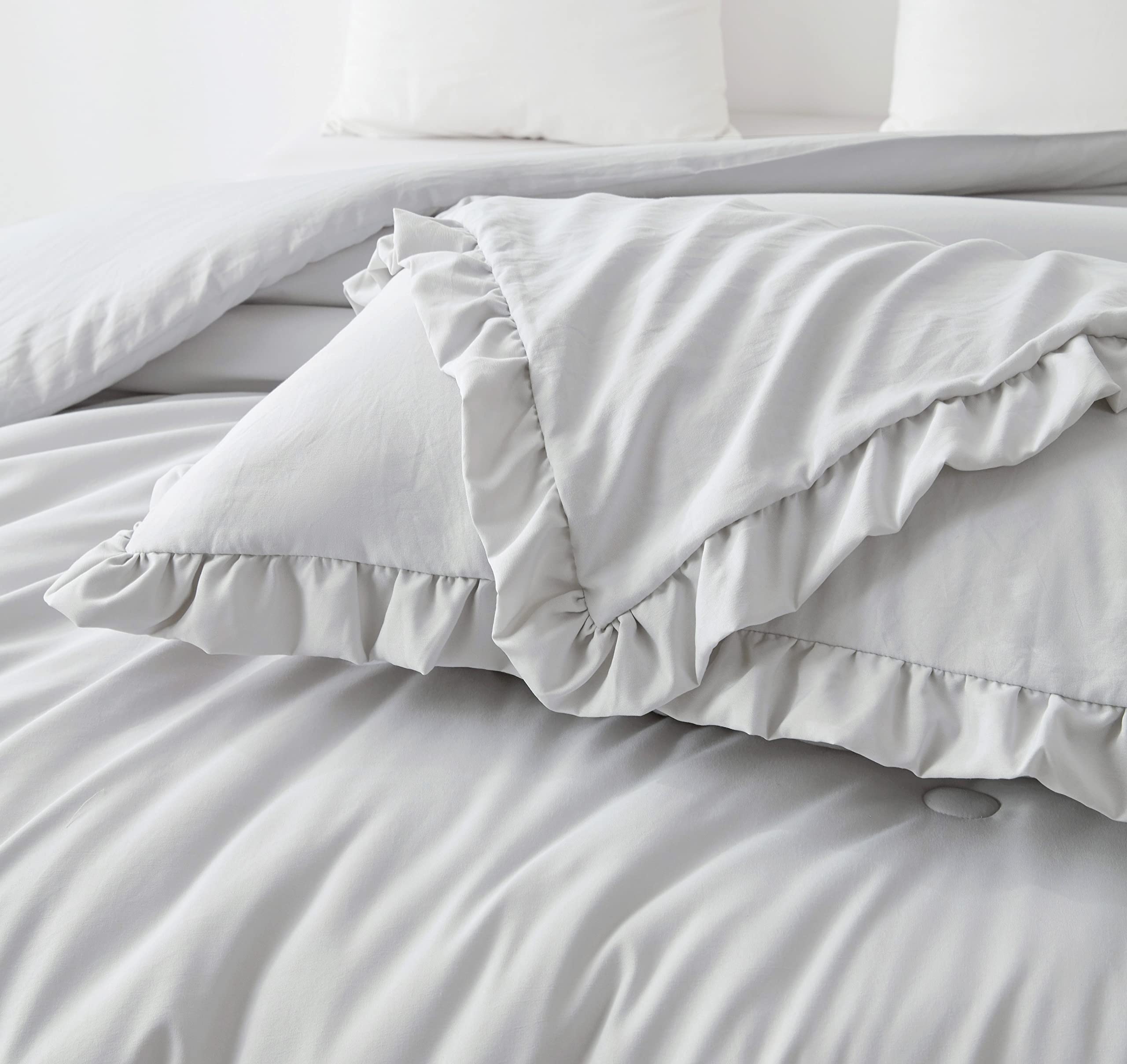 Chezmoi Collection Nora 3-Piece Ruffled Edge Trim Soft Washed Microfiber Comforter Set (Oversized Queen, Light Gray)