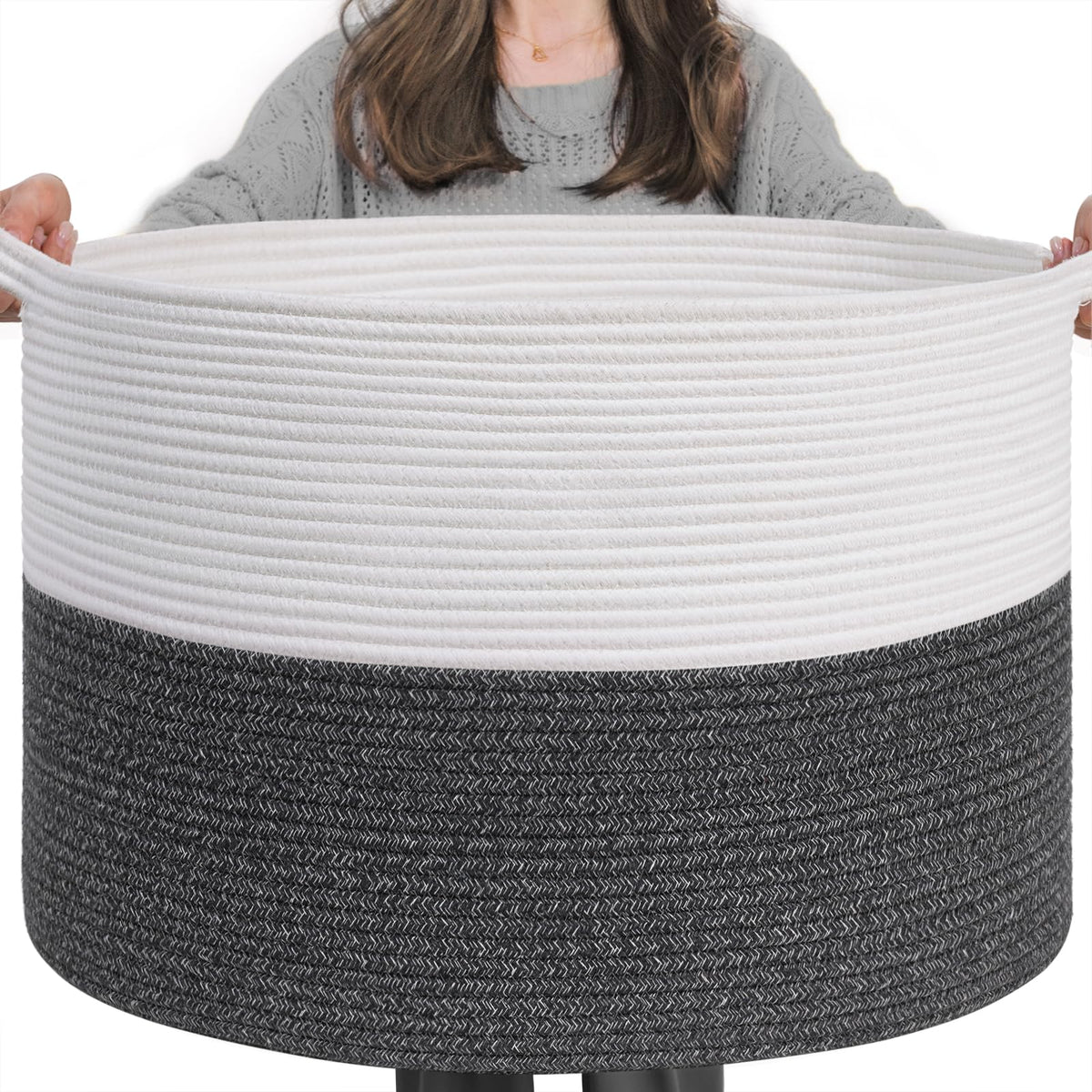 Indressme Woven Rope Basket With Handle, Xxxlarge, Cotton (21.7' X 21.7' X 13.8') Laundry Hamper For Baby Laundry, Blanket, Toy, Storage Comforter Cushions, Gray