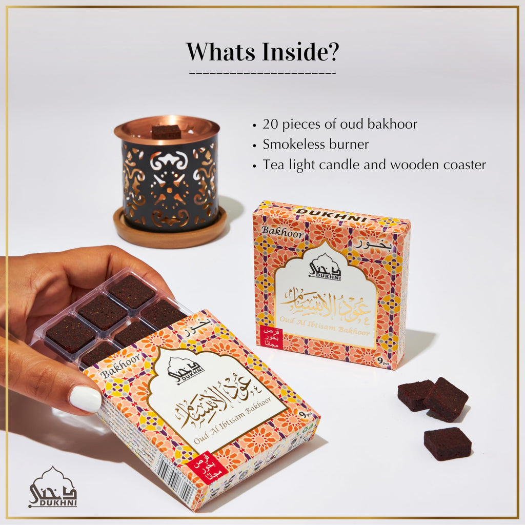Oud Al Ibtisam Bakhoor Set By Dukhni | 2 X 9 Piece Each & Taj Bakhoor Burner | Arabic Bakhoor Incense | Warm Floral Oud Blend |