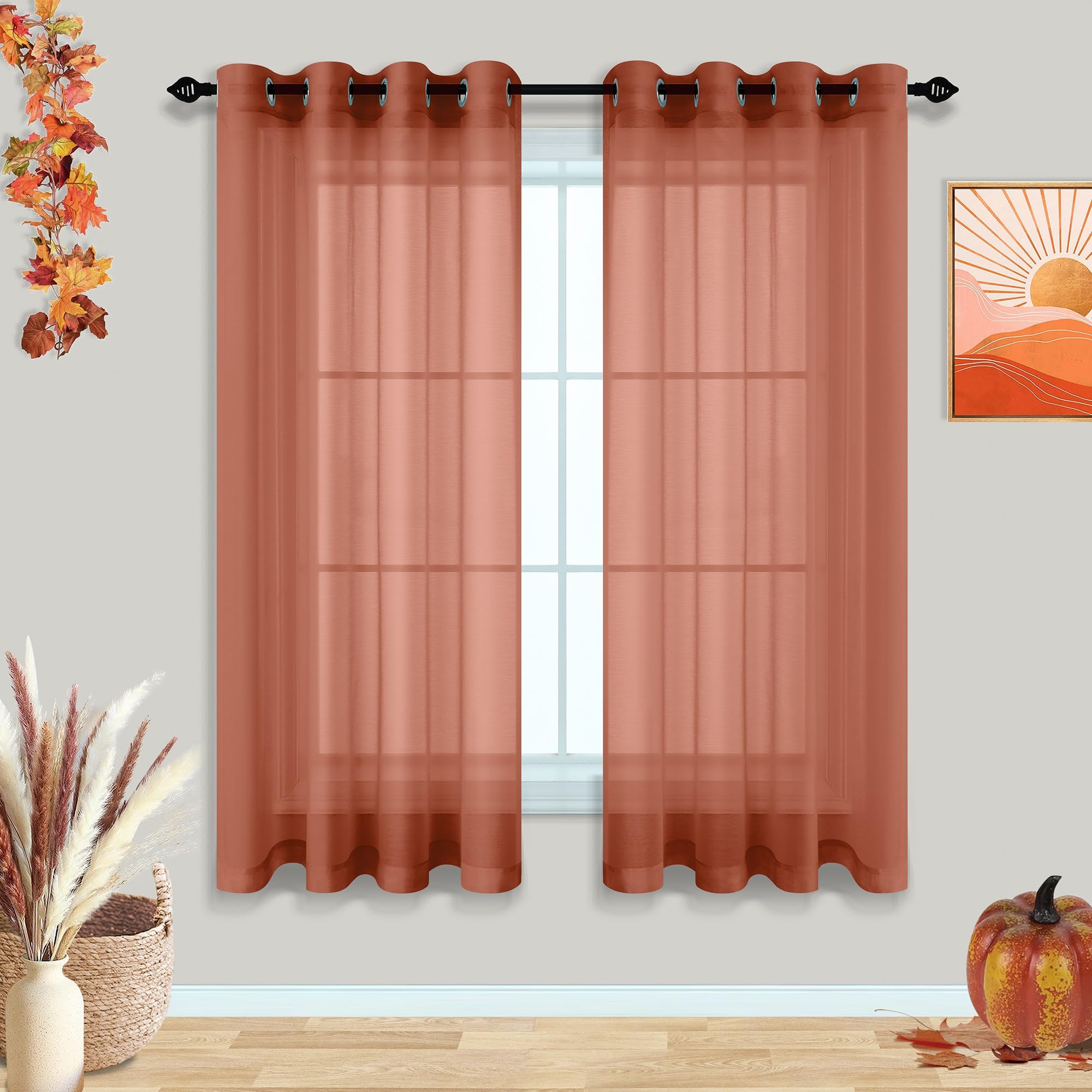Autumn Rust Sheer Curtains 63 Inches Long for Bedroom Living Room Grommet Boho Airy See Through Faux Linen Bohemian Terracotta O