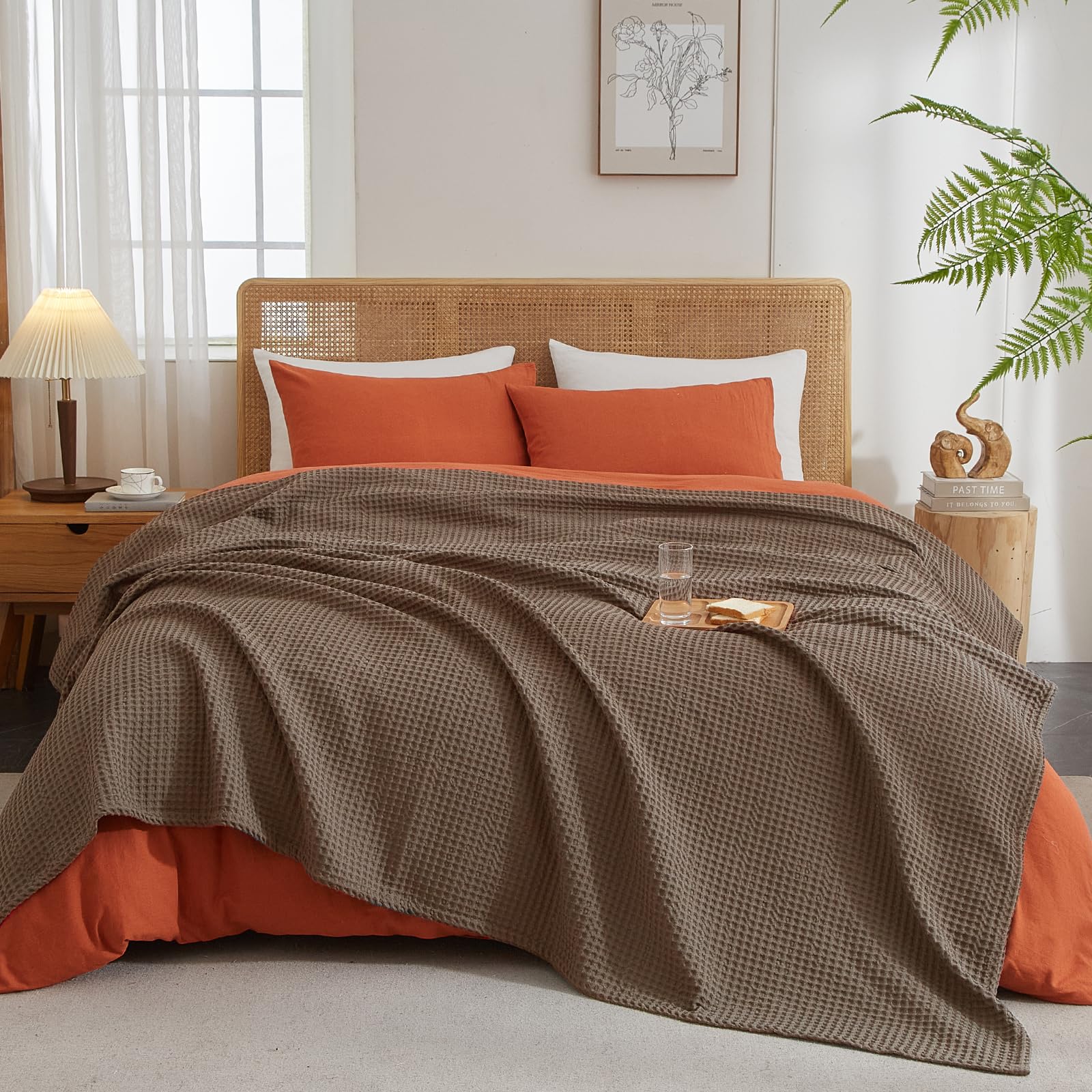 Phf Ultra Soft Waffle Weave Blanket Twin Size 66'X 90'- Washed Lightweight Breathable Cozy Woven Blanket For Bed - Aesthetic Decor For Couch Bedding Sofa Home Car - Cocoa Brown