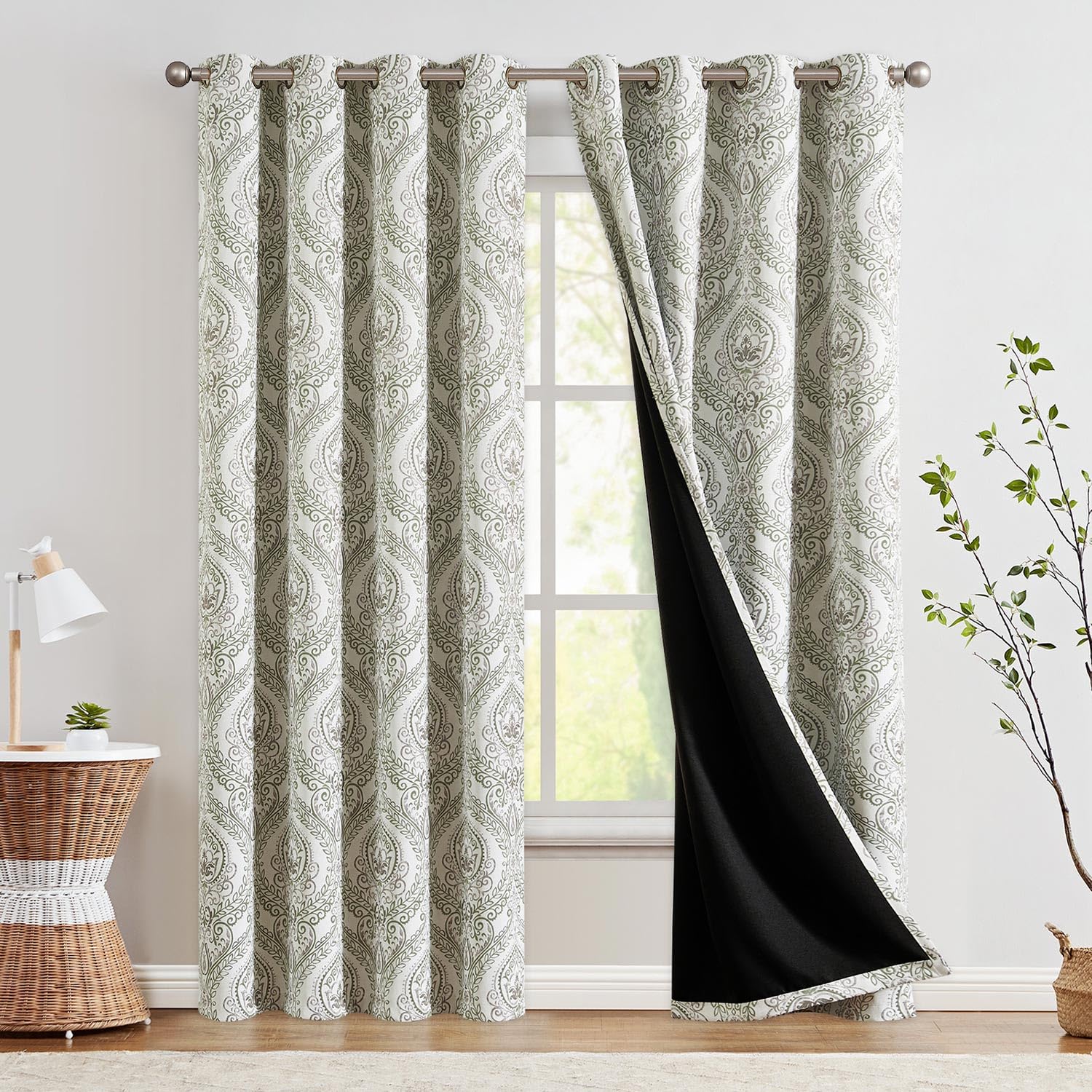 Jinchan 100% Blackout Curtains 90 Inch Length 2 Panels Green Damask Medallion Window Curtains For Bedroom Grommet Thermal Insulated Drapes For Living Room Vintage Luxury Window Treatments Set