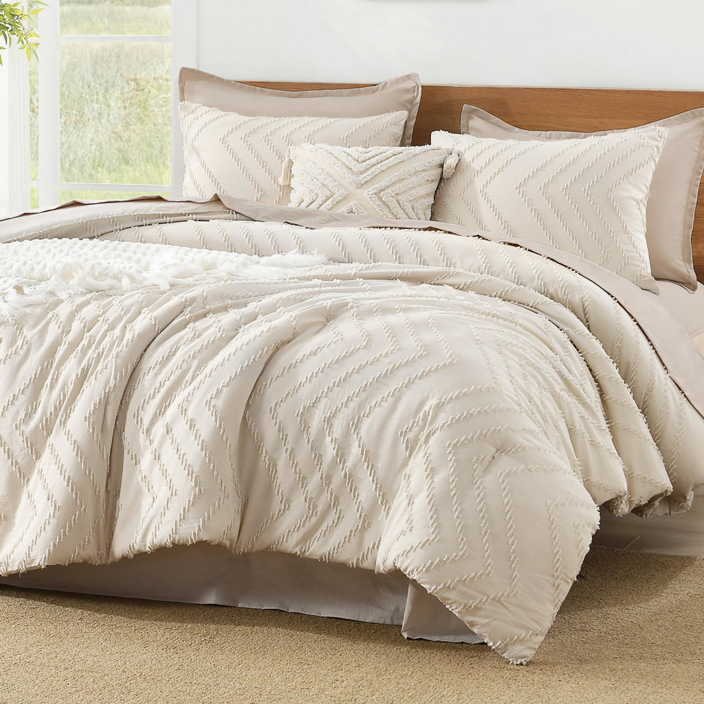 Litanika Full Size Comforter Sets Beige, Lightweight Fluffy Bedding Comforter Sets For Bed, 3 Pieces Cream Down Alternative Comf