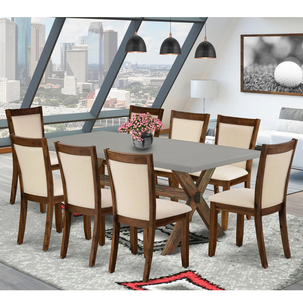 East West Furniture X797Mzn32-9 9 Piece Dining Table Set Includes A Rectangle Dining Room Table With X-Legs And 8 Light Beige Linen Fabric Parsons Chairs, 40X72 Inch, Multi-Color