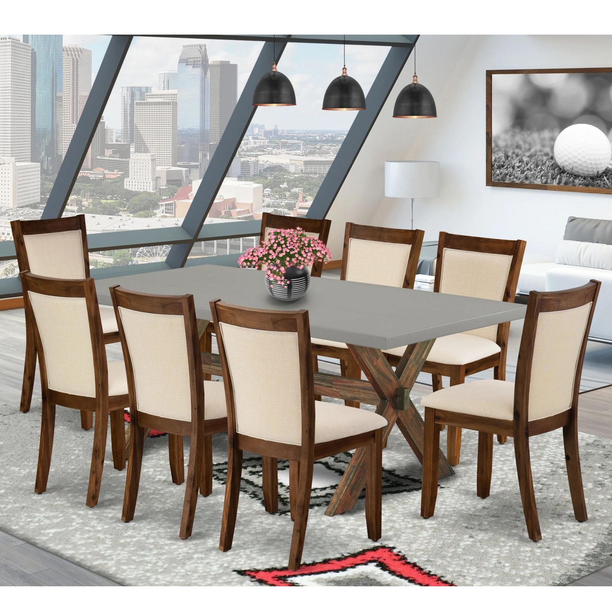 East West Furniture X797Mzn32-9 9 Piece Dining Table Set Includes A Rectangle Dining Room Table With X-Legs And 8 Light Beige Linen Fabric Parsons Chairs, 40X72 Inch, Multi-Color