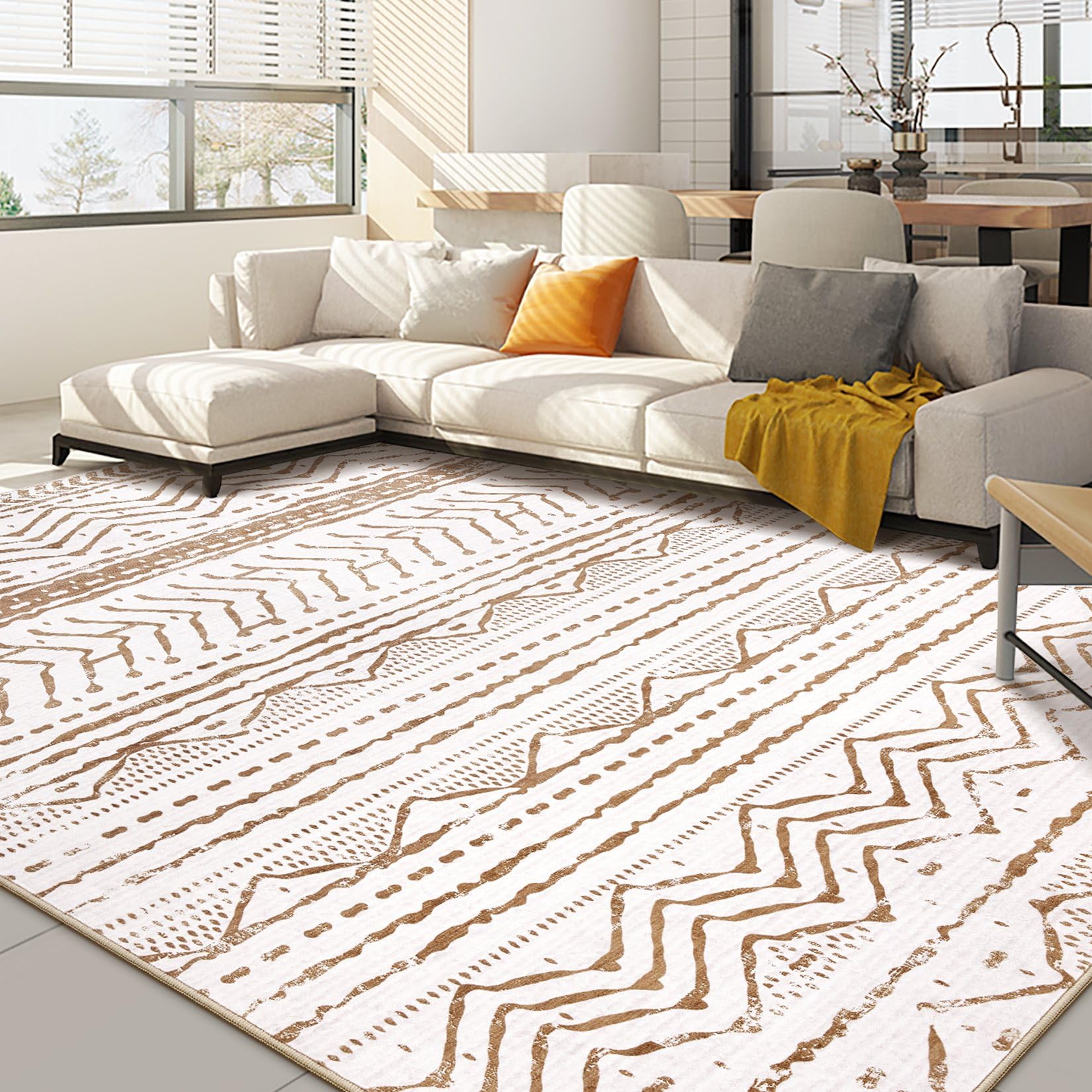 Nakagishi Area Rugs 8x10 Living Room: Washable Boho Large Neutral Soft Farmhouse Rug Stain Resistant Modern Geometric Indoor Flo