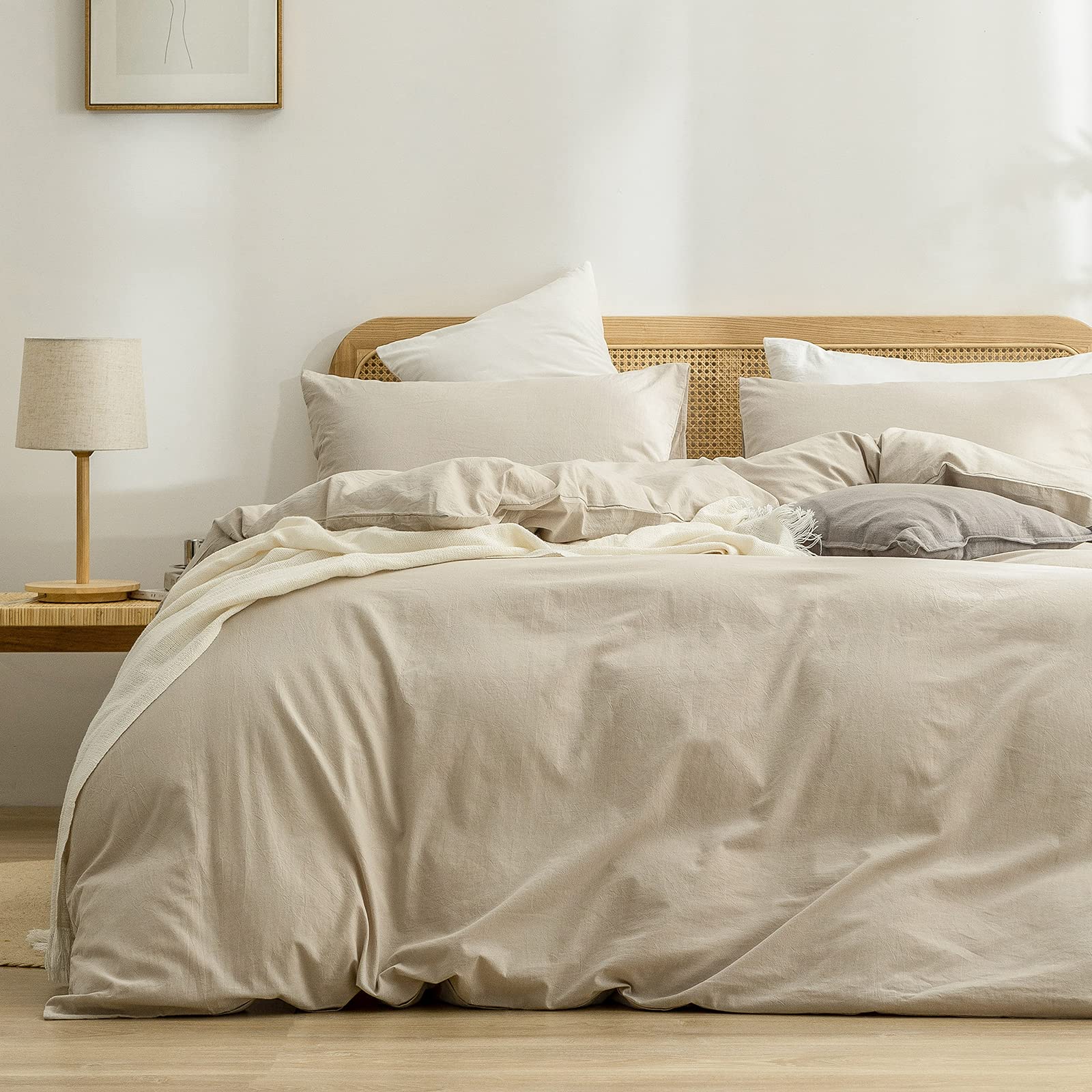 Bestouch Duvet Cover Set 100% Washed Cotton Linen Feel Super Soft Comfortable Chic Lightweight 3 Pcs Home Bedding Set Solid Almo