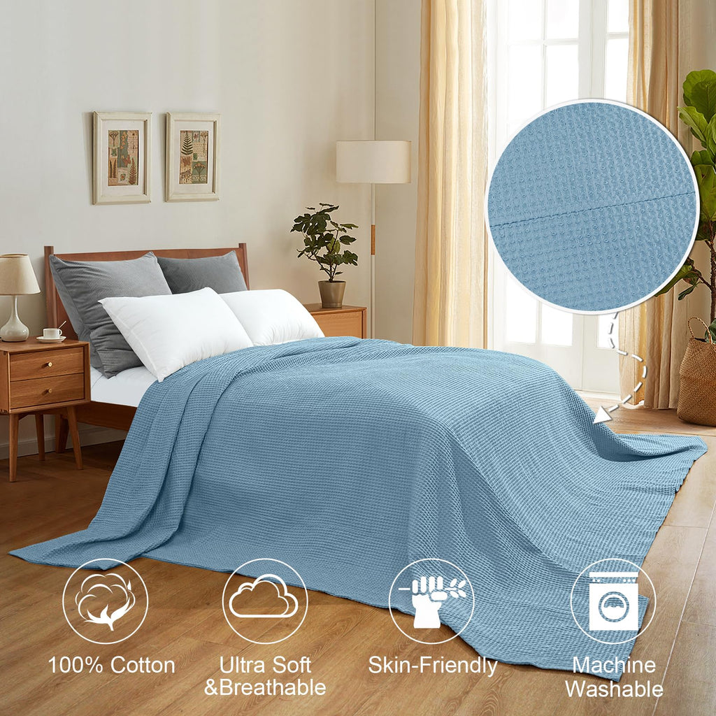Phf 100% Cotton Waffle Weave Blanket Oversized King Size 120'X 120'- Lightweight Washed Soft Breathable Huge Blanket- Extra Large Big Blanket For Couch Bed Sofa- Aesthetic Home Decoration - Dusty Blue