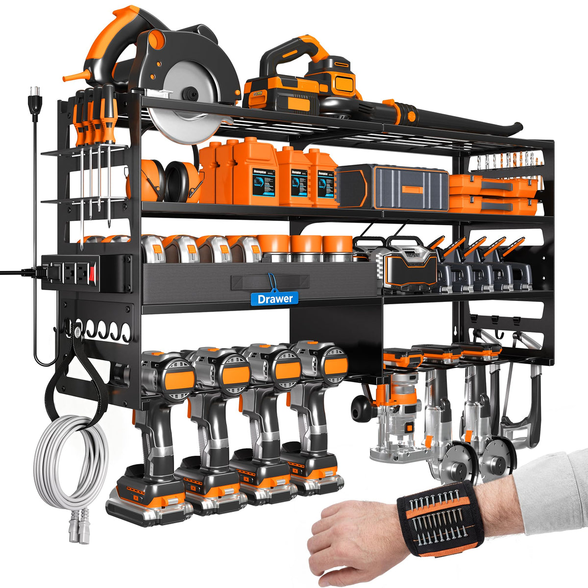 Gotega Power Tool Organizer Wall Mount, Heavy Duty Tool Storage Rack, Black