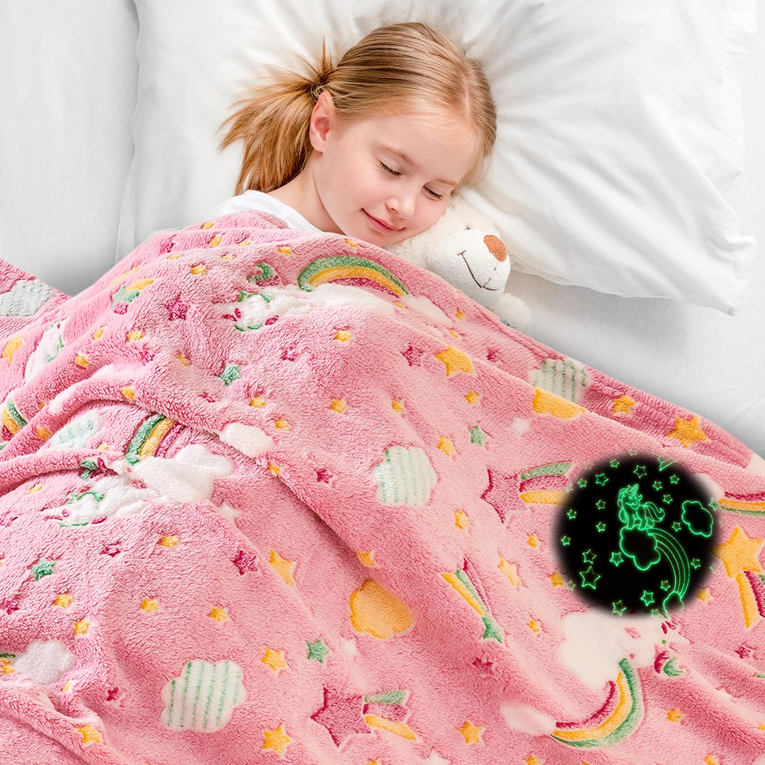 Wajade Glow In The Dark Rainbow Blanket For Girls, Soft Cozy Flannel Kids Throw Blanket For Boys And Girls, Cute Kids Blanket Fo