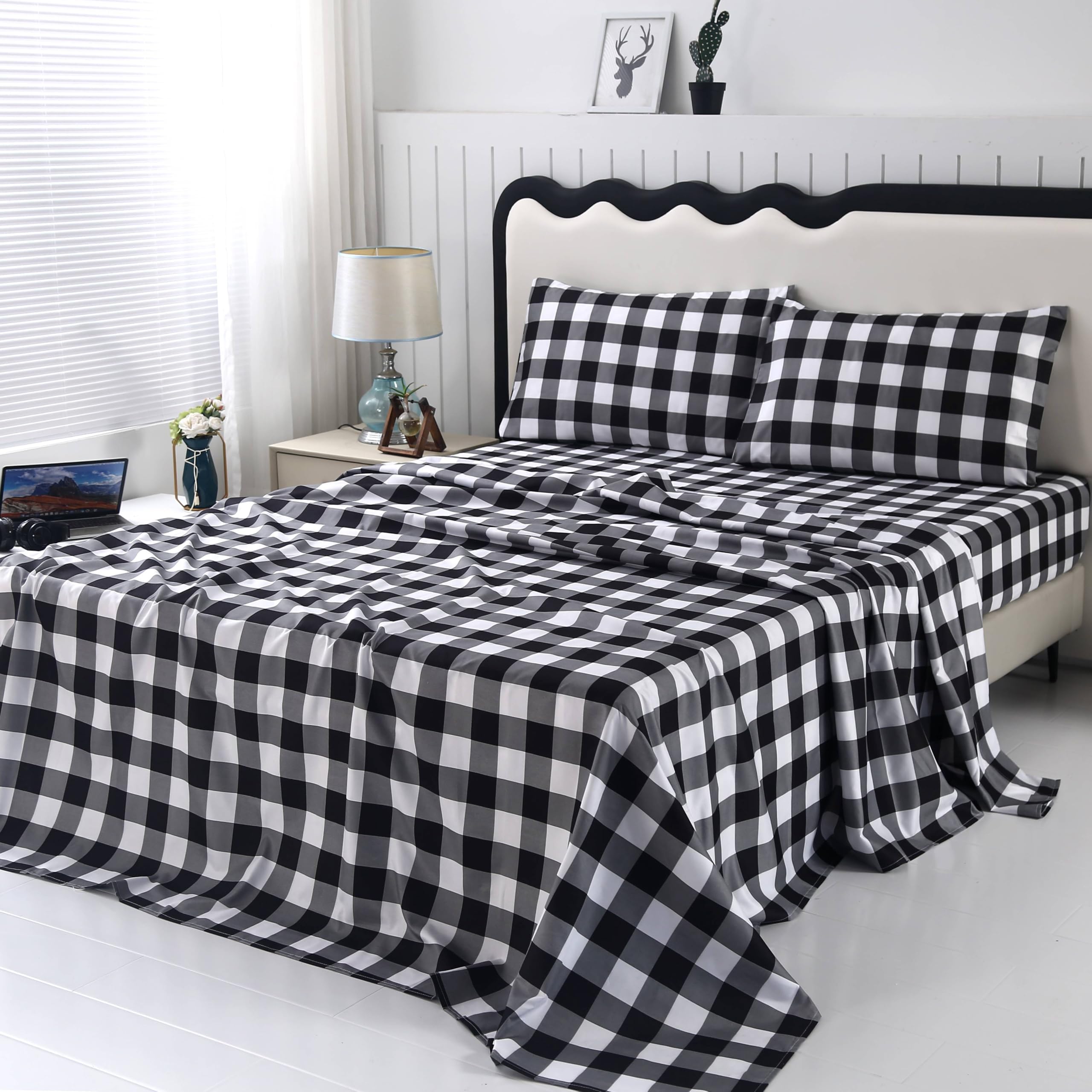 Sdiii 4Pcs Black And White Gingham Sheets Queen Set, Prime Microfiber Black And White Striped Sheets Queen, Checkered Sheets Que