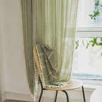 Sutuo Home Boho Curtains For Living Room Farmhouse, Semi-Blackout French Country Striped Linen Vintage Shabby Chic Tassels Hollow Window Treatment Bohemian Drape, 1 Panel 52' W X 90' L Green