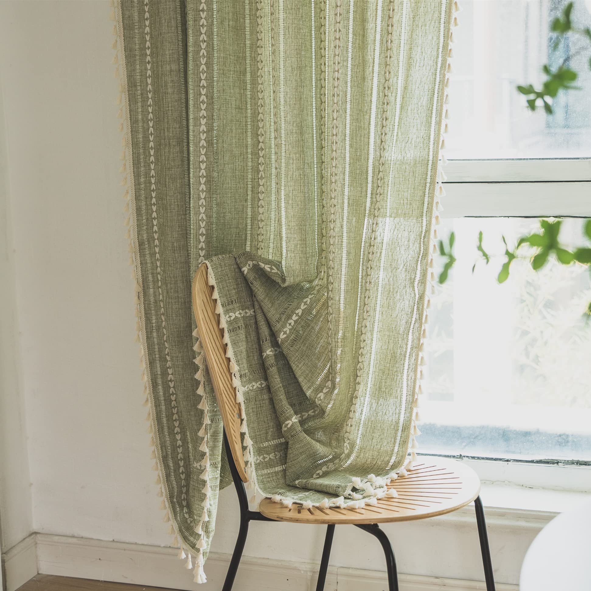Sutuo Home Boho Curtains For Living Room Farmhouse, Semi-Blackout French Country Striped Linen Vintage Shabby Chic Tassels Hollow Window Treatment Bohemian Drape, 1 Panel 52' W X 90' L Green