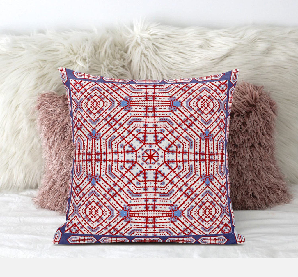HomeRoots Light Blue Hot Pink 18â€ Red White Geostar Zippered Suede Throw Pillow