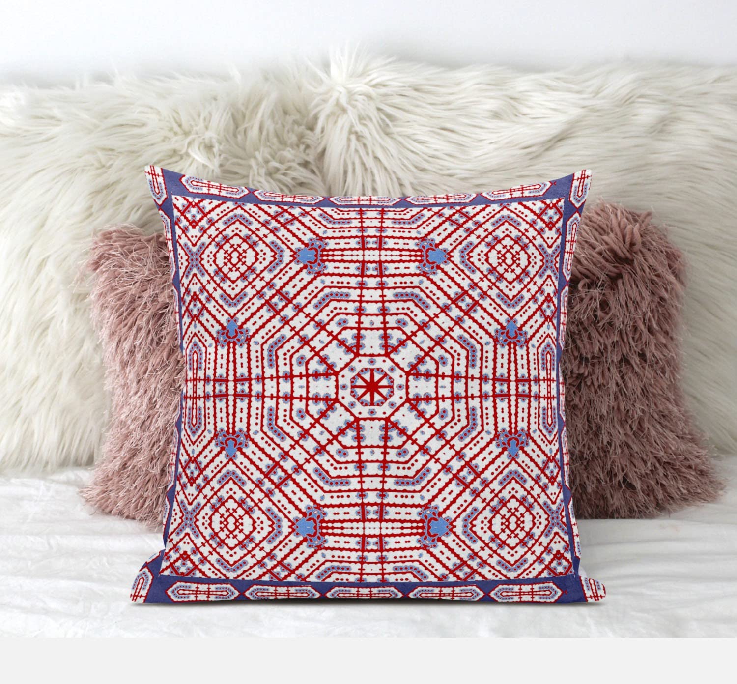 HomeRoots Light Blue Hot Pink 18â€ Red White Geostar Zippered Suede Throw Pillow