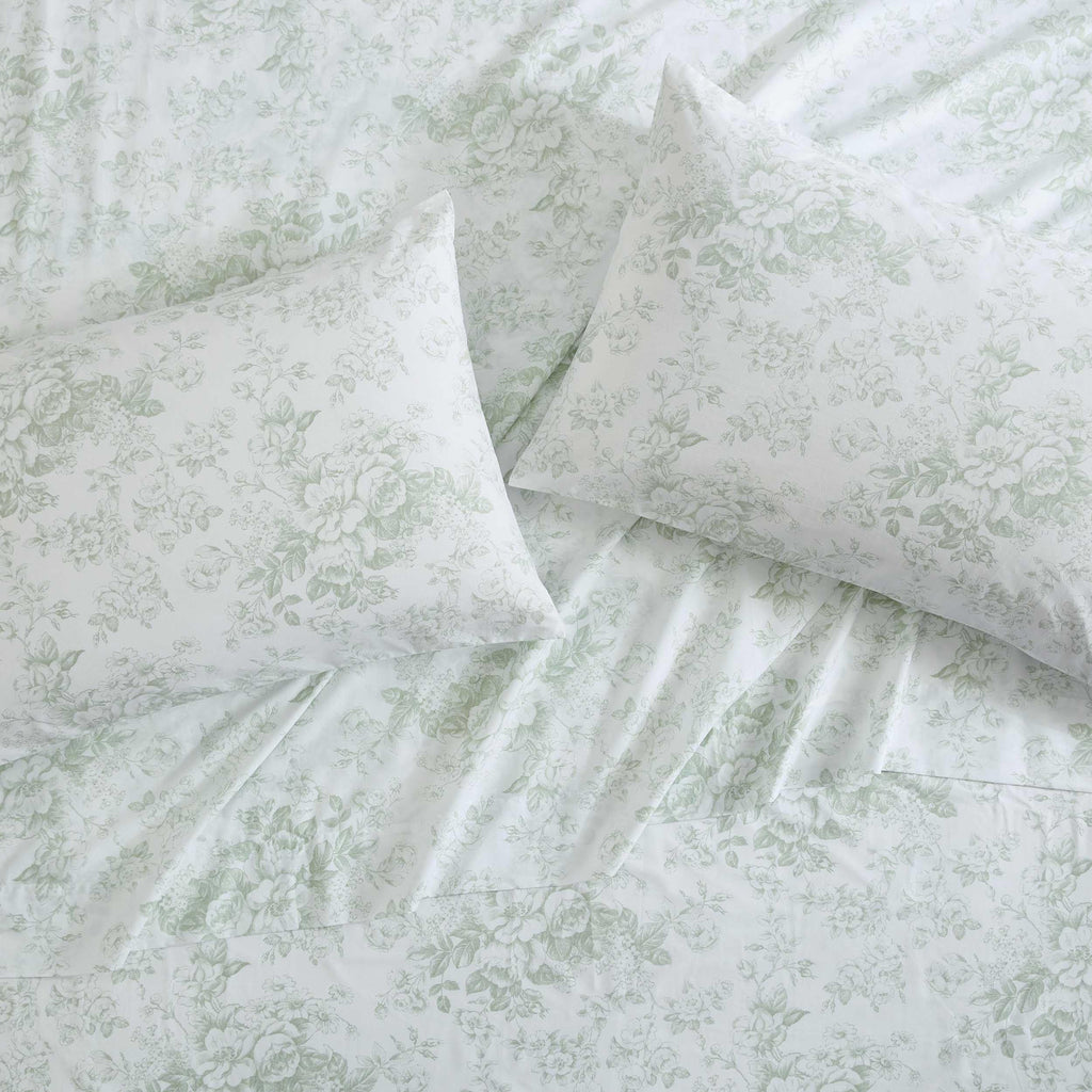 Laura Ashley - Twin Sheets, Cotton Percale Bedding Set, Lightweight & Breathable Home Decor (Toile Delight Green, Twin)