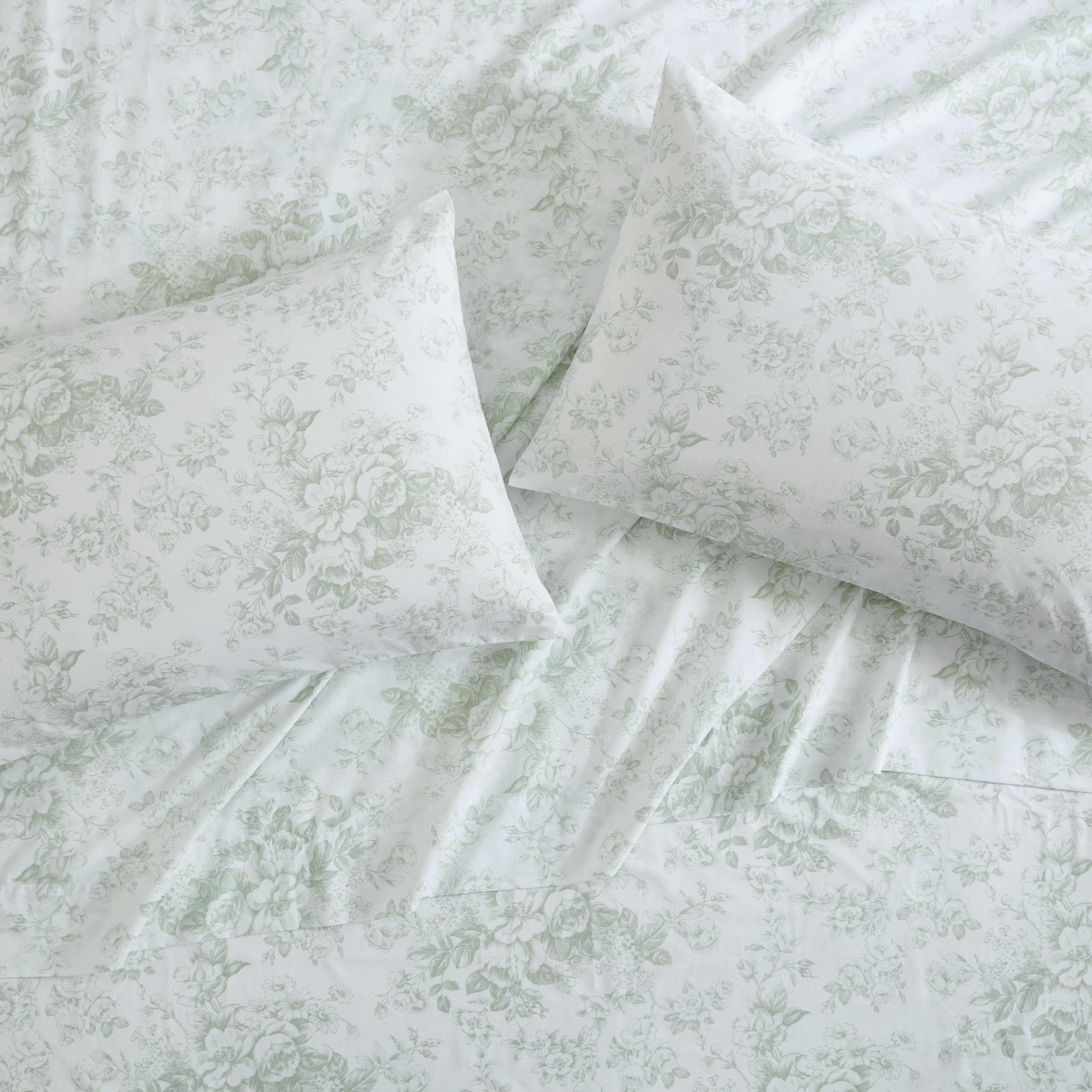 Laura Ashley - Twin Sheets, Cotton Percale Bedding Set, Lightweight & Breathable Home Decor (Toile Delight Green, Twin)