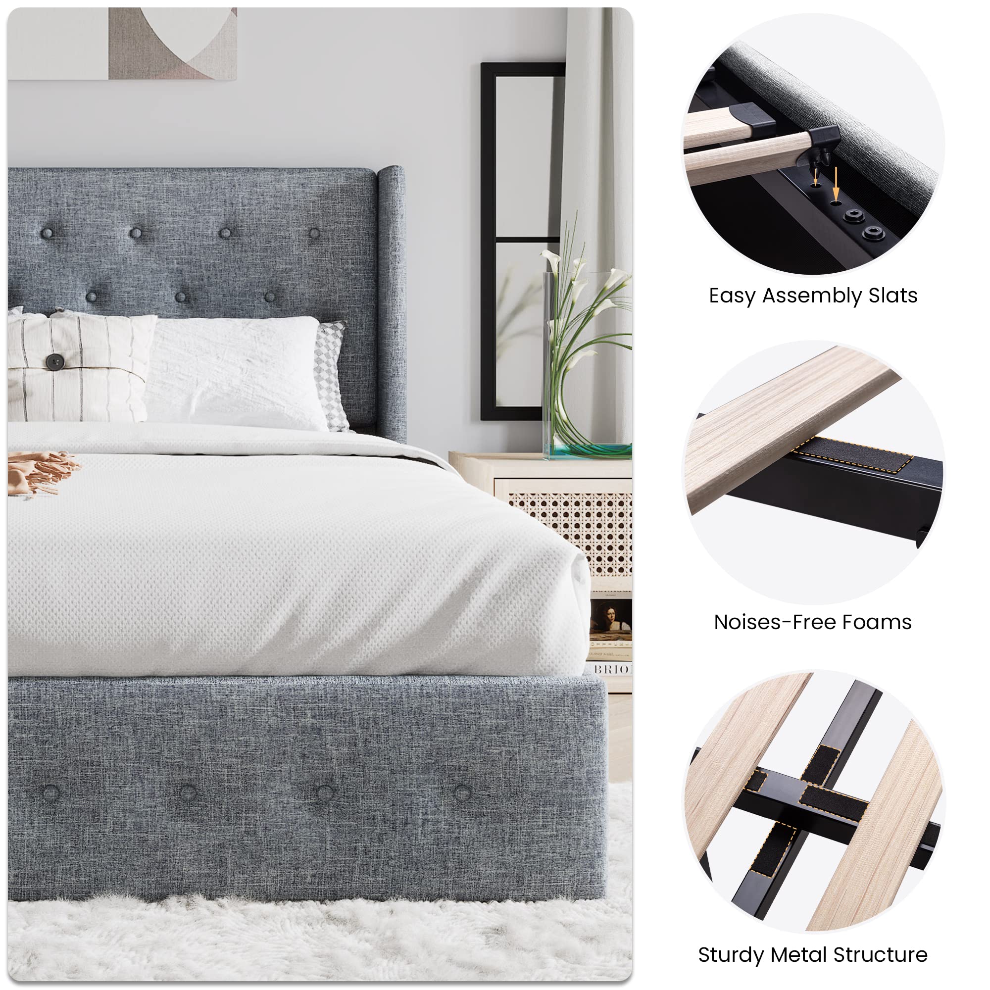Sha Cerlin Full Size Lift Up Storage Bed/Button Tufted Wingback Headboard/Hydraulic Storage/Upholstered Platform Bed Frame/No Box Spring Needed/Wood Slats Support/Grey Blue
