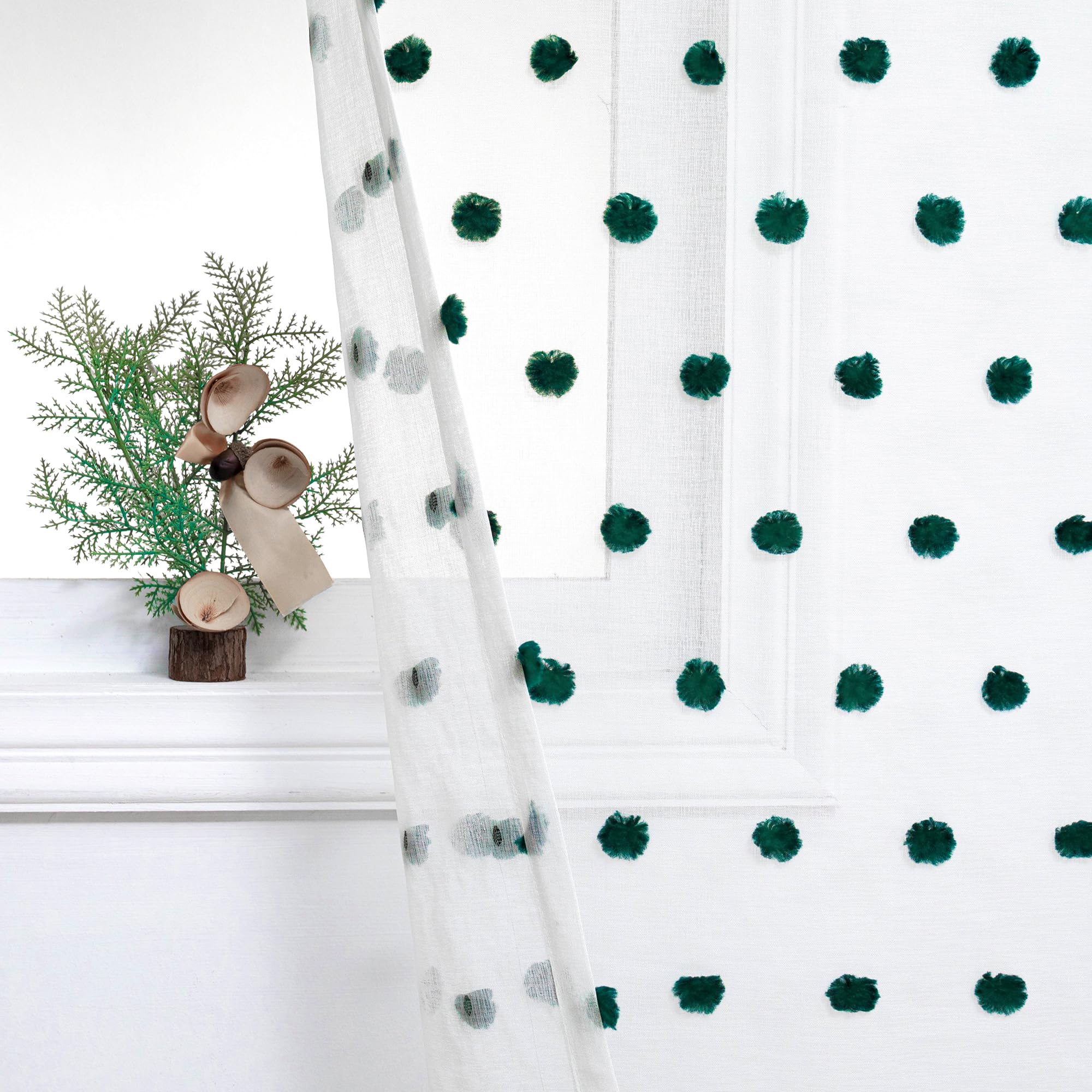 Mysky Home Hunter Green Pom Pom Christmas Curtains For Living Room 63 Inch Long White Sheer Curtains For Kids Bedroom Nursery Playroom 2 Pieces Rod Pocket Farmhouse Window Drapes 52 X 63 Inch