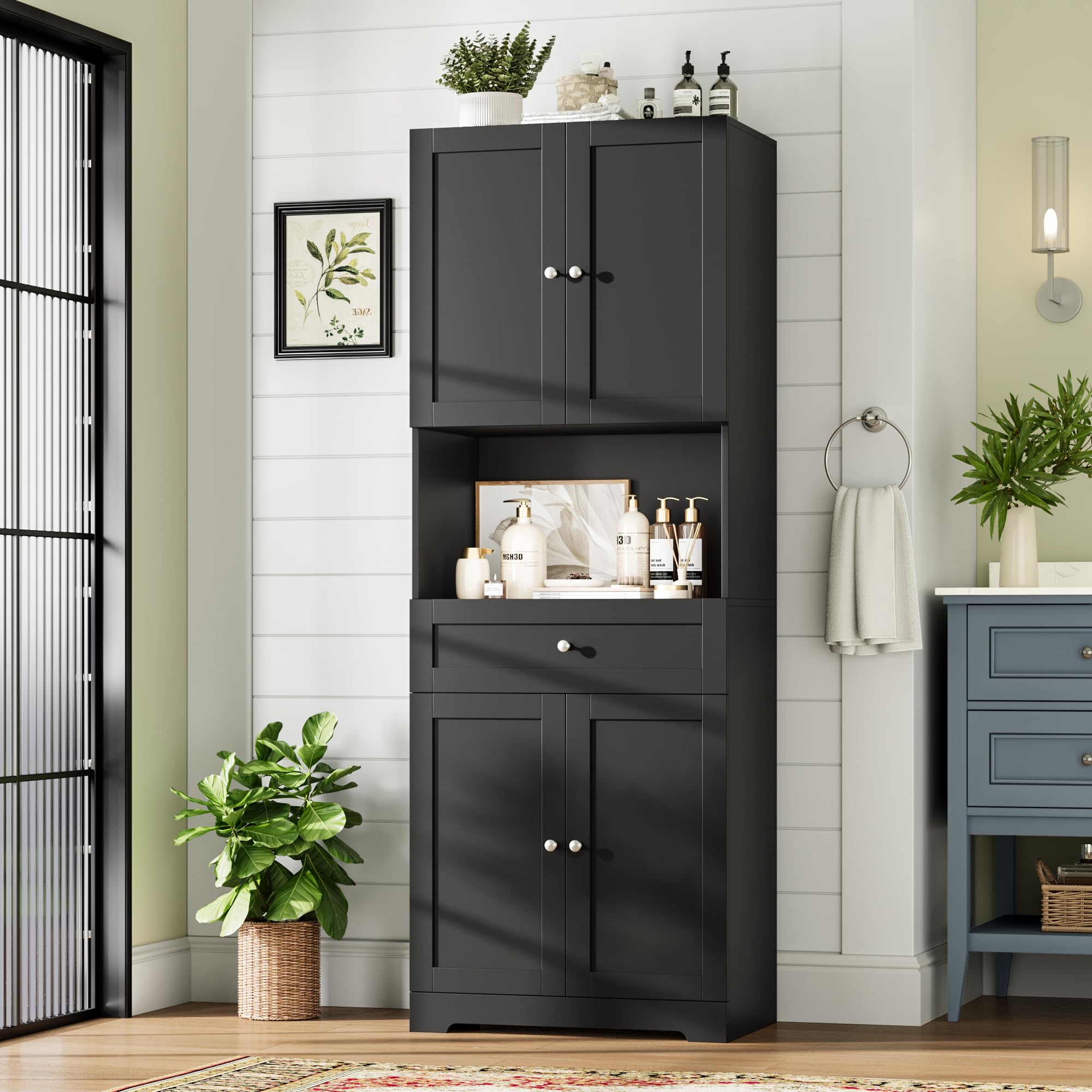 HIFIT Tall Bathroom Storage Cabinets, Modern Linen Storage Cabinet with 4 Doors & Shelves & Drawer, 67  H Tall Storage Cabinet F