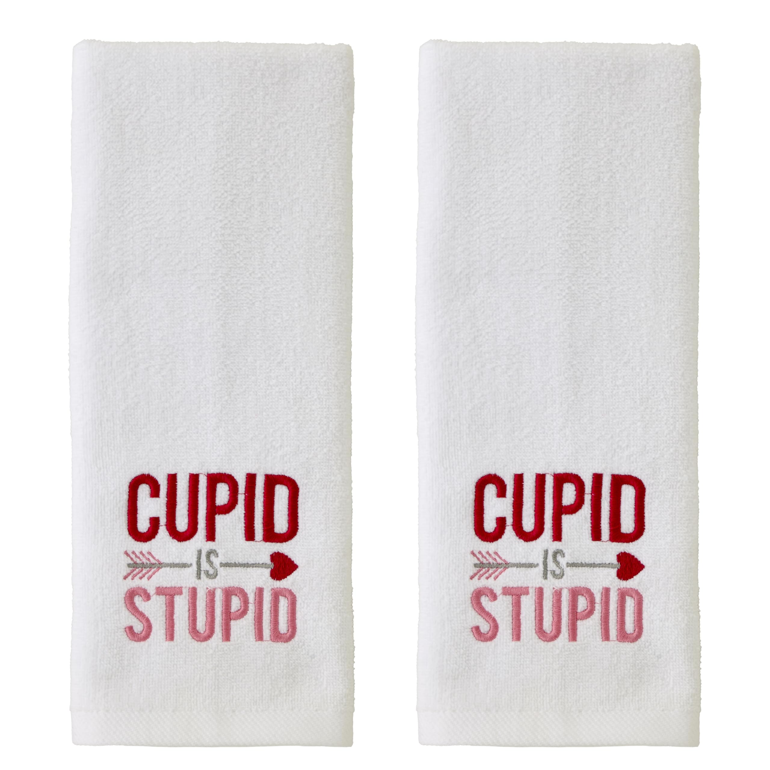 SKL Home Valentines Cupid is Stupid Hand Towel 2pc Set for Bath/Kitchen/Bar & Gift, White