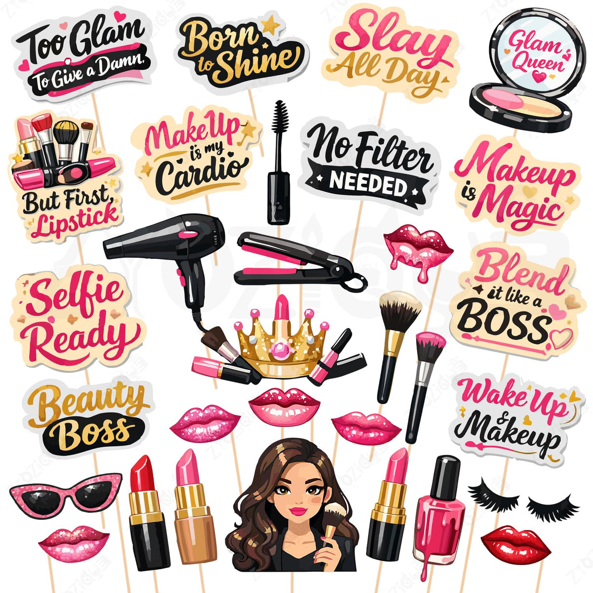 Zyozique Makeup Theme Photo Booth Props, Glam Decorations with Slogans, Makeup Spa Theme Party Supplies Decoration, Party Photo 