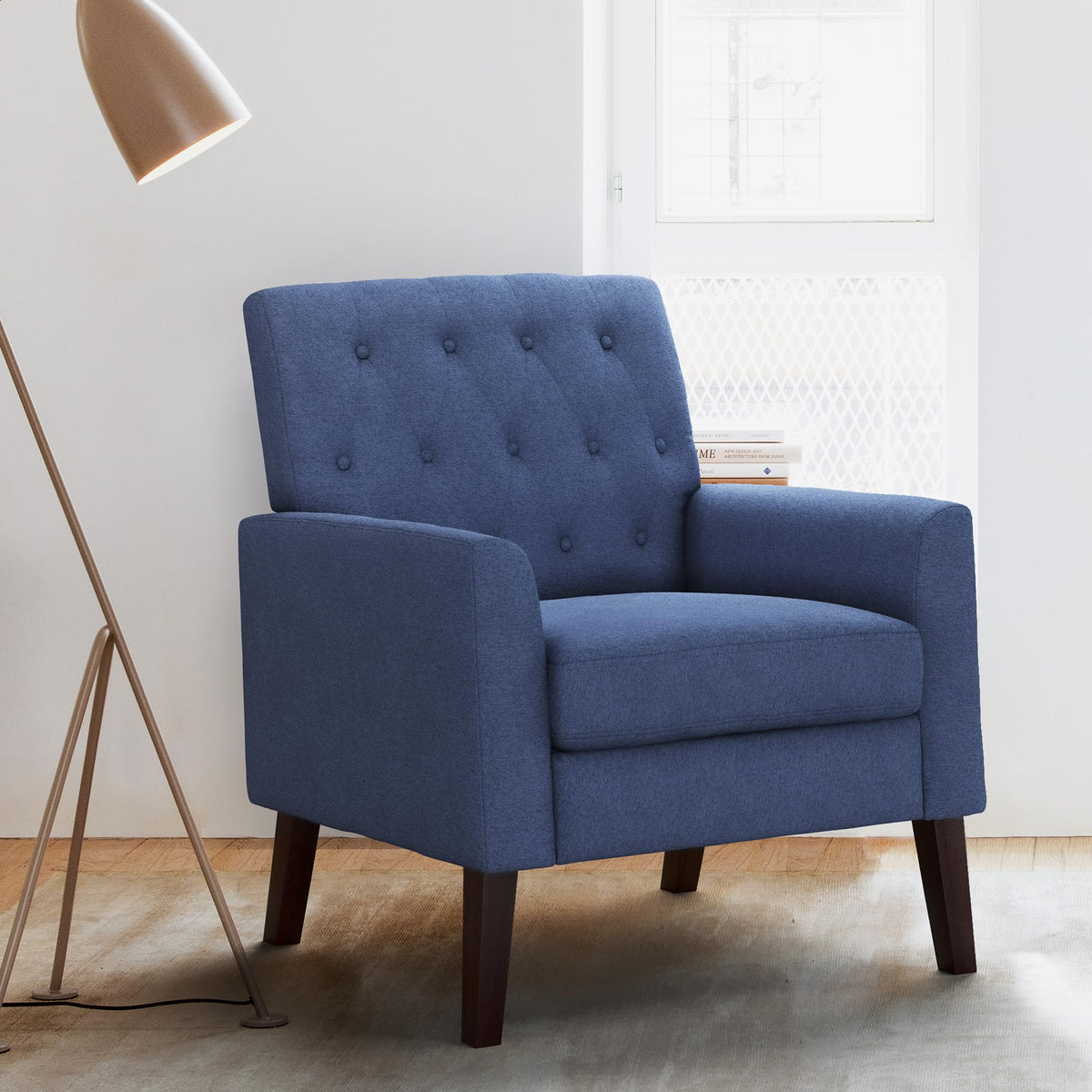 Lue Bona Navy Blue Linen Accent Chair 18.5' H, Button Tufted Armchair, Comfy Living Room Chair With Arms, Upholstered Modern Ar