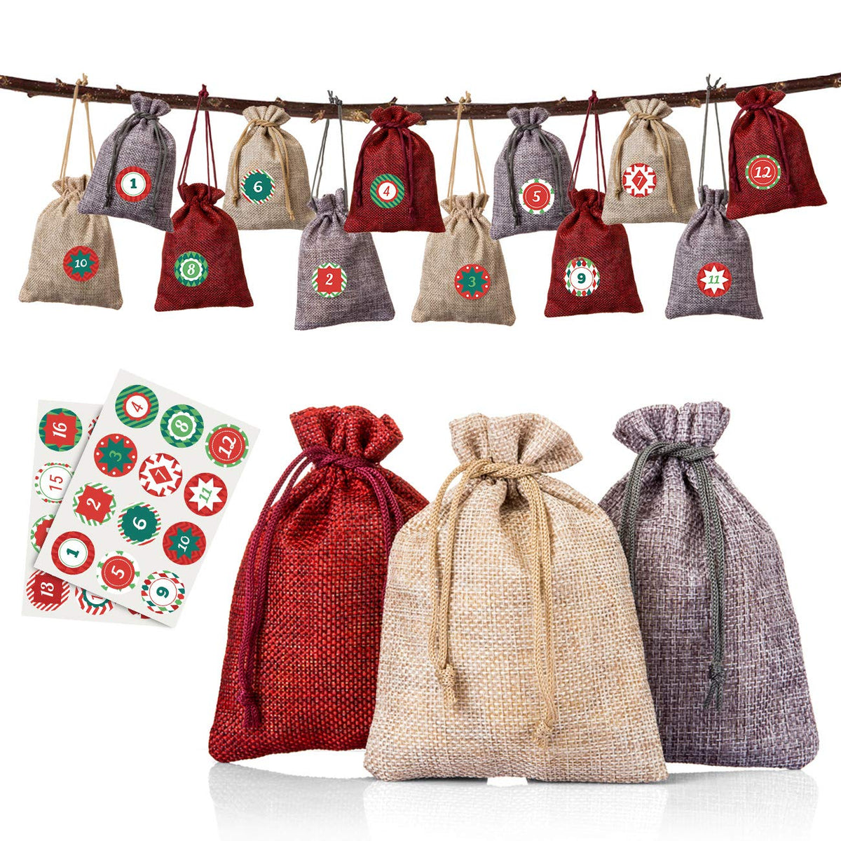 Naler Advent Calendar 2024, 24 Pieces Hanging Burlap Bags Candy Gift Bags Drawstring Pouch Burlap Sacks for DIY Christmas Countd