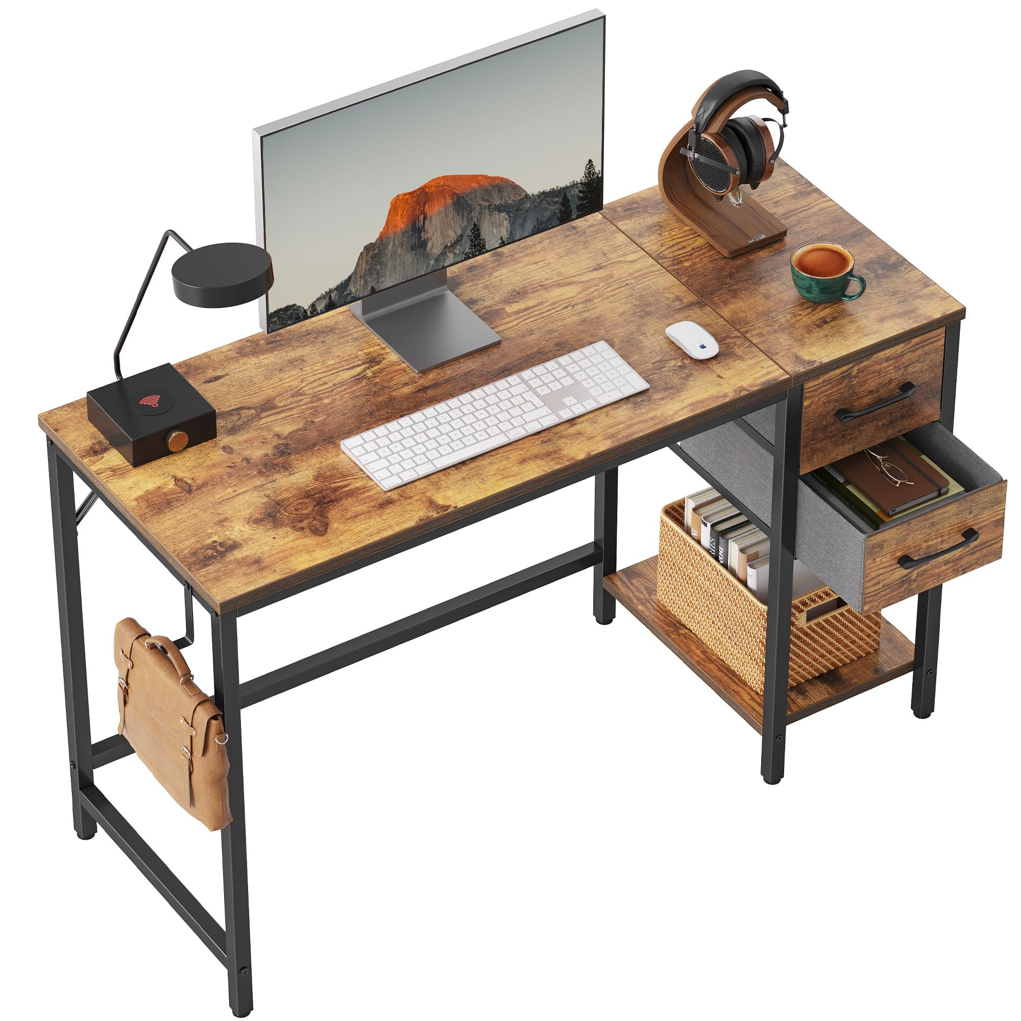CubiCubi Computer Desk with 2 Drawers, 47 Inch Small Home Office Desk Study Writing Table, Rustic Brown
